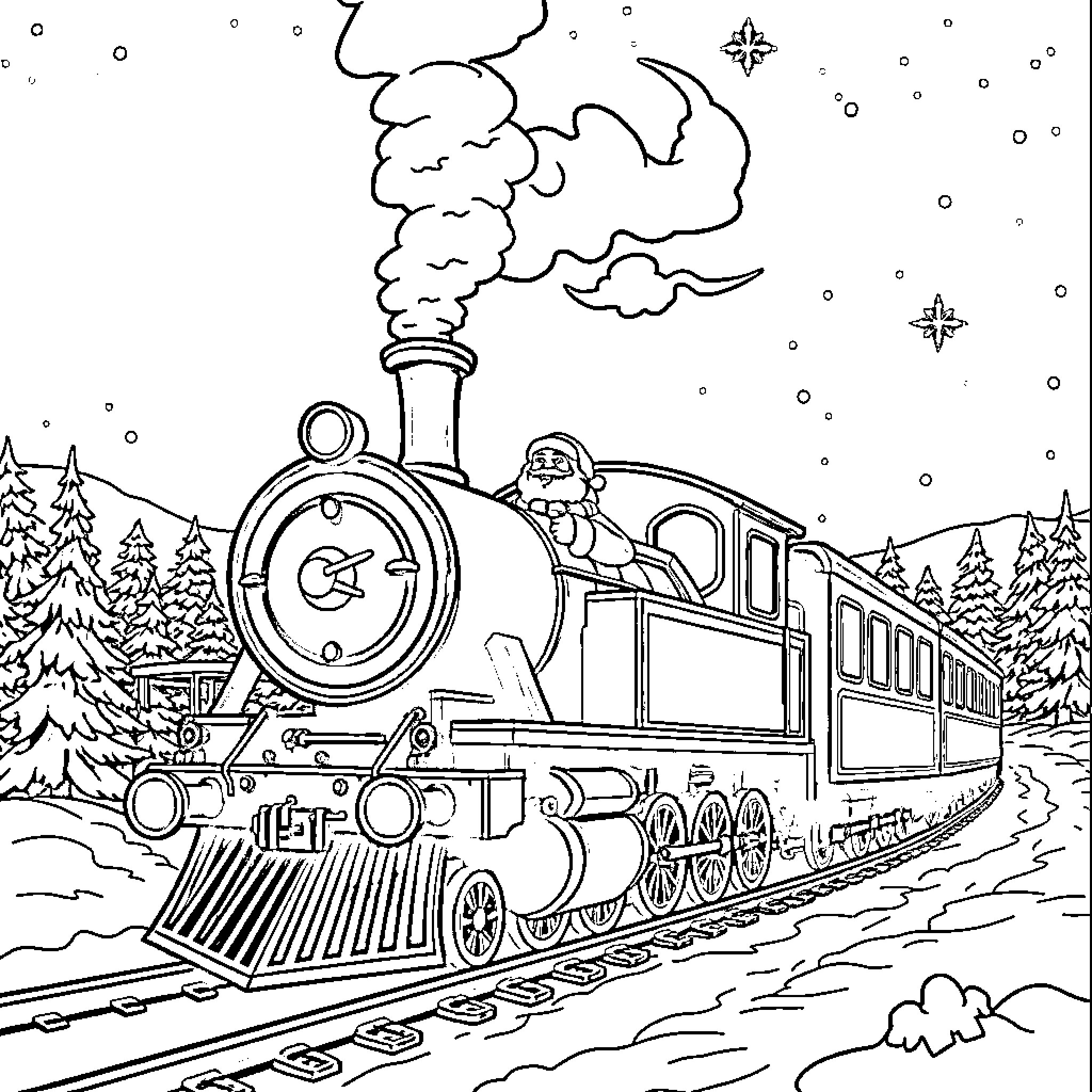 Santa riding a snowy train through the forest Coloring Page (free black-and-white line drawing printable PDF for all, from beginners to advanced learners, including children, teens, adults, and seniors)