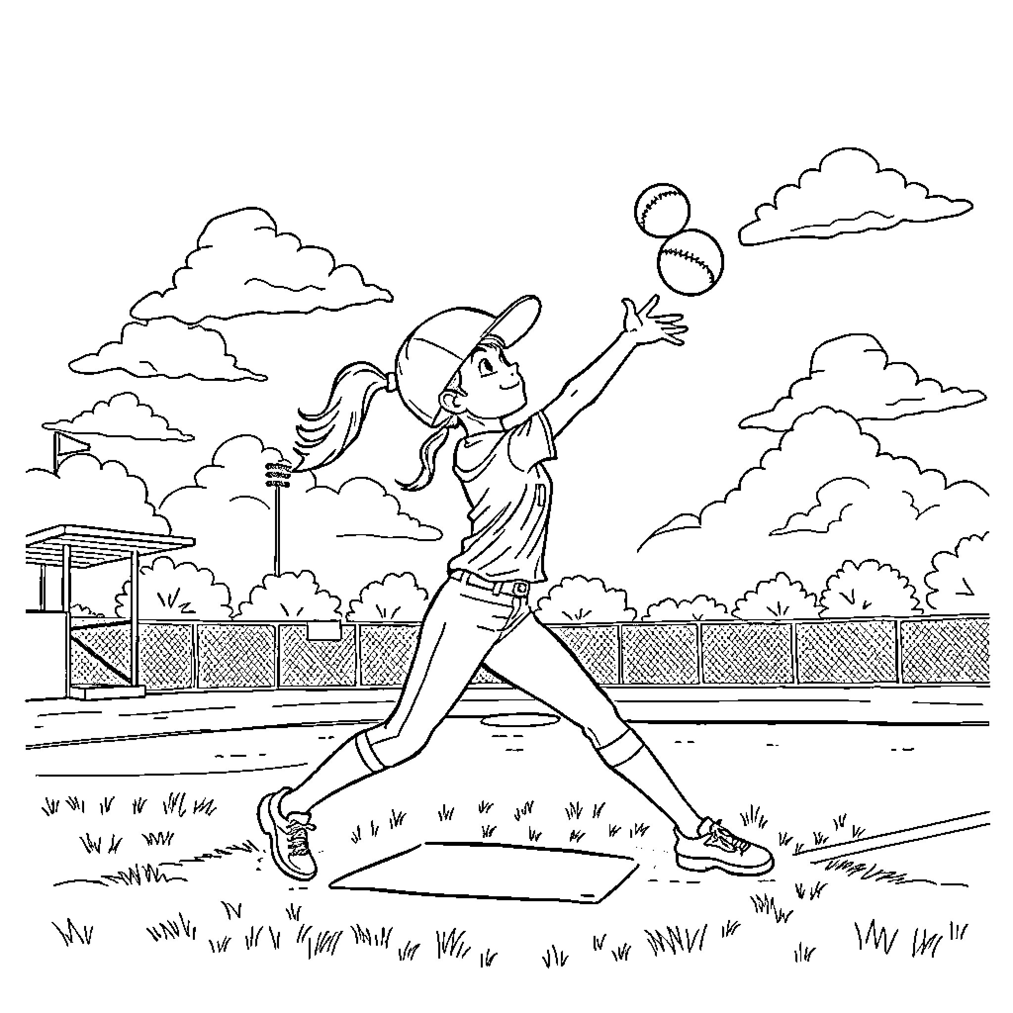 Softball player in action on the field Coloring Page (free black-and-white line drawing printable PDF for all, from beginners to advanced learners, including children, teens, adults, and seniors)