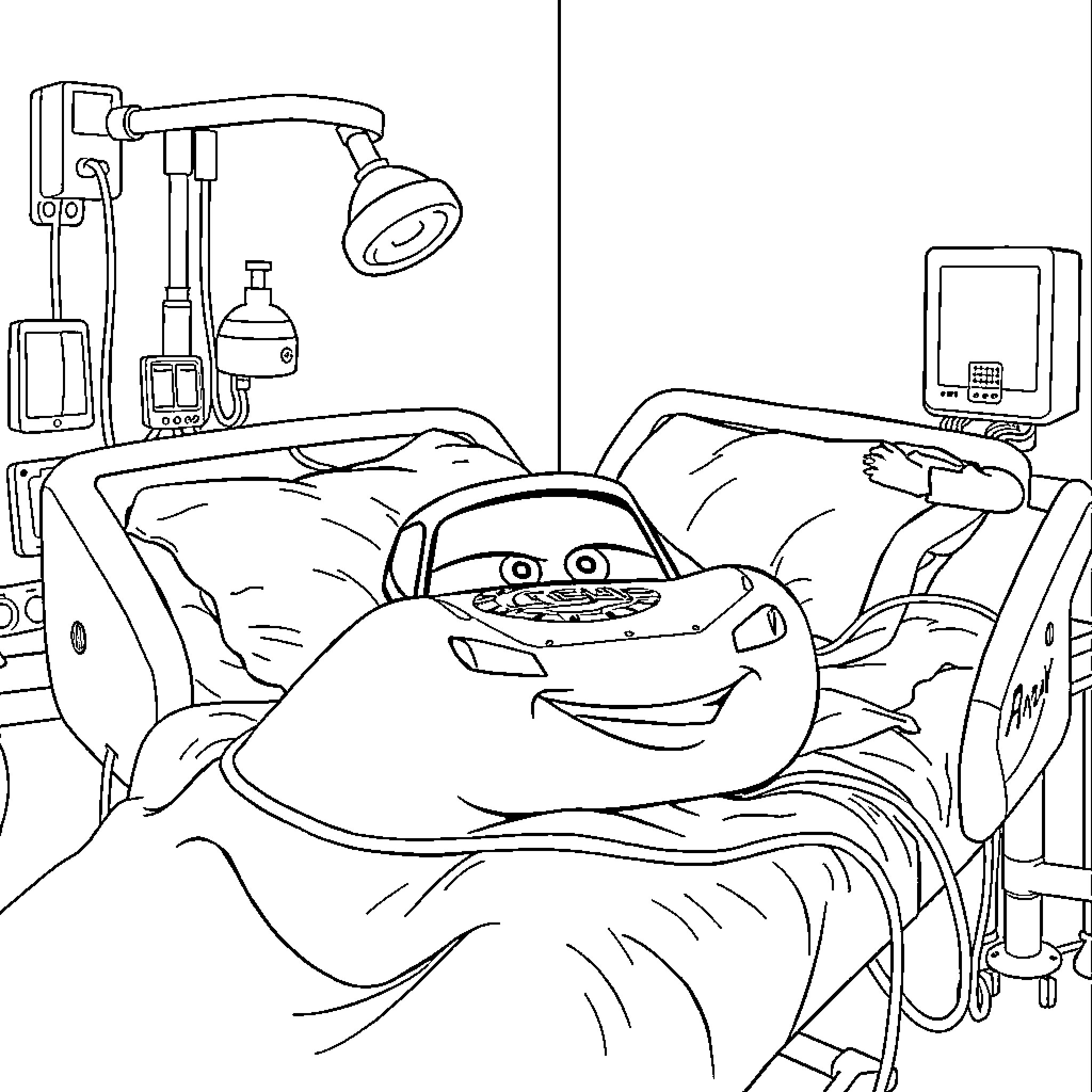 Lightning McQueen resting in hospital bed Coloring Page (free black-and-white line drawing printable PDF for all, from beginners to advanced learners, including children, teens, adults, and seniors)