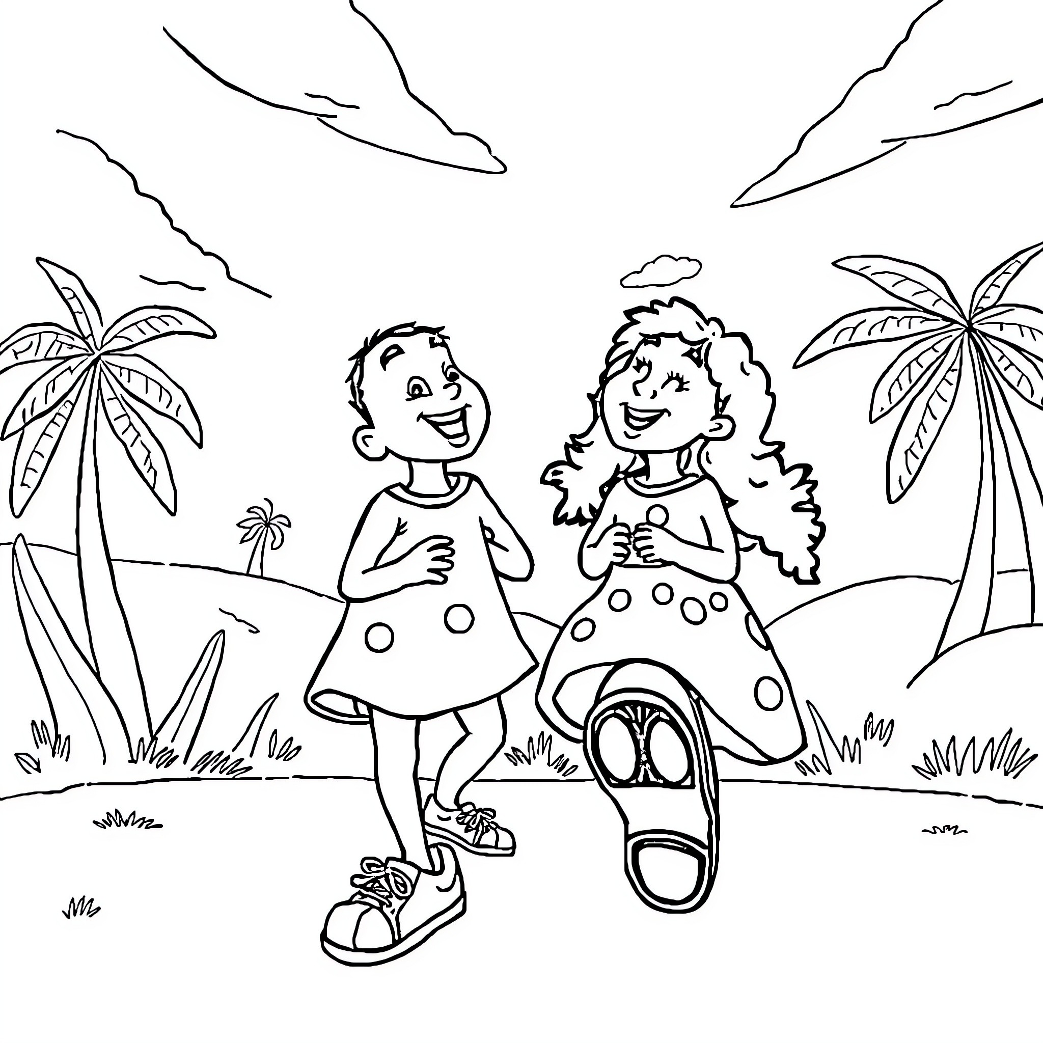 Tralalero Playful Friends Strolling on the Beach Coloring Page (free black-and-white line drawing printable PDF for all, from beginners to advanced learners, including children, teens, adults, and seniors)