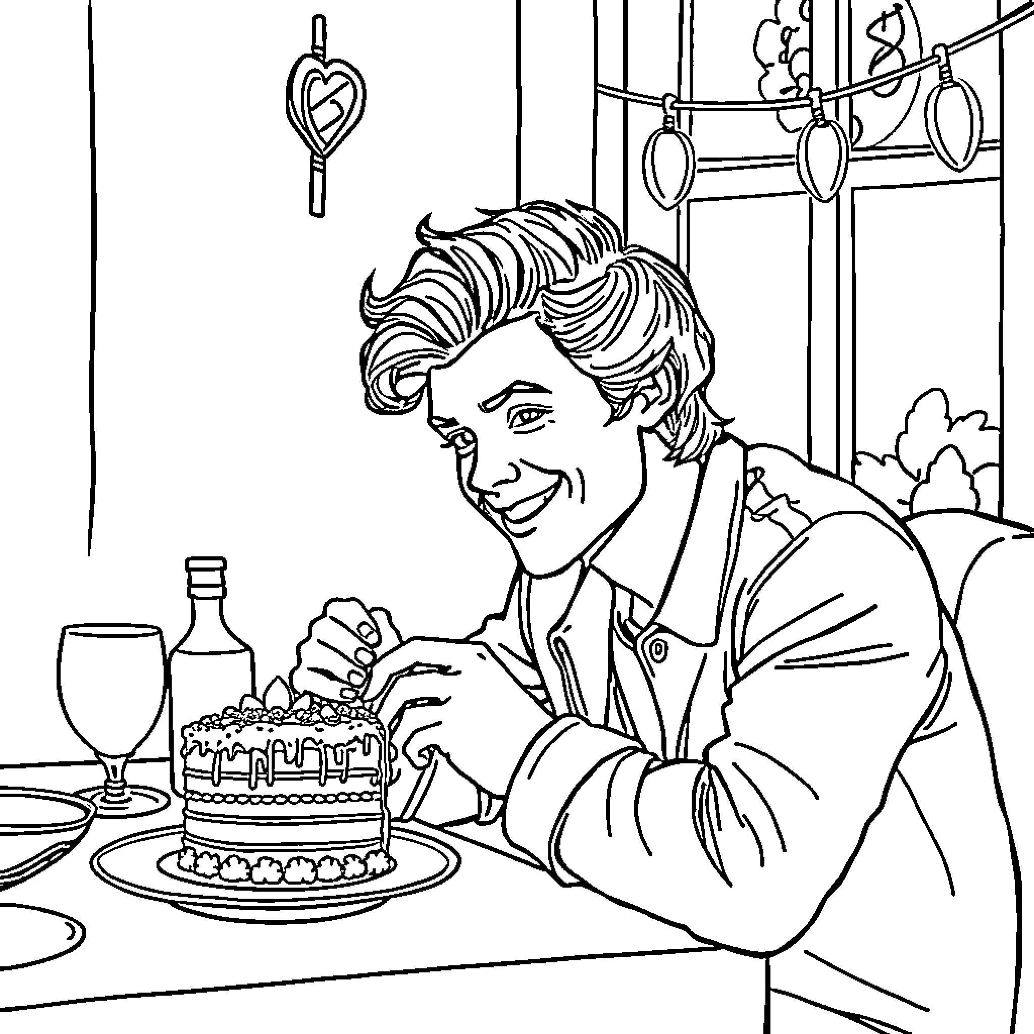 Harry Styles enjoys a birthday cake in a cozy cafe Coloring Page (free black-and-white line drawing printable PDF for all, from beginners to advanced learners, including children, teens, adults, and seniors)