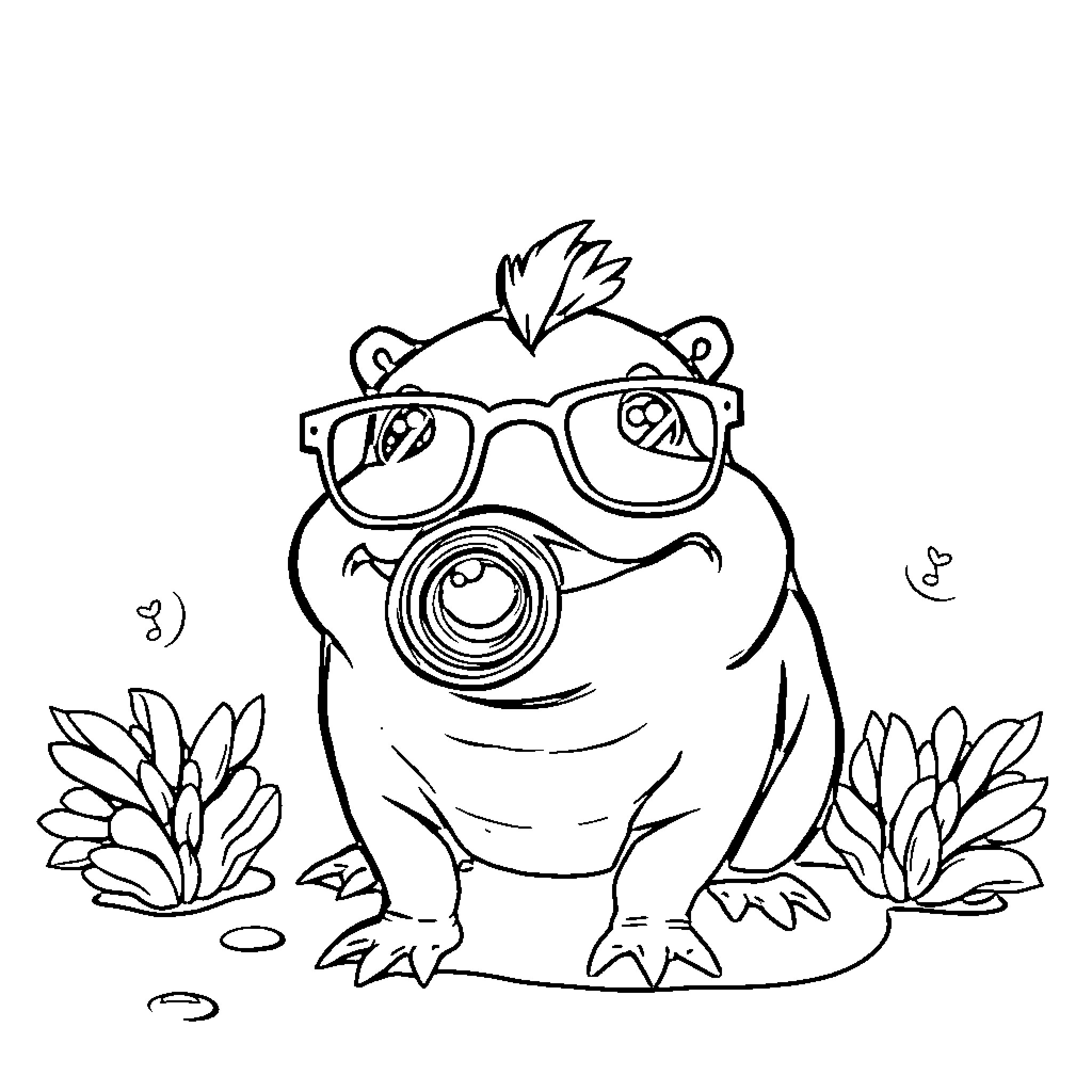 Pig wearing glasses taking a photo Coloring Page (free black-and-white line drawing printable PDF for all, from beginners to advanced learners, including children, teens, adults, and seniors)