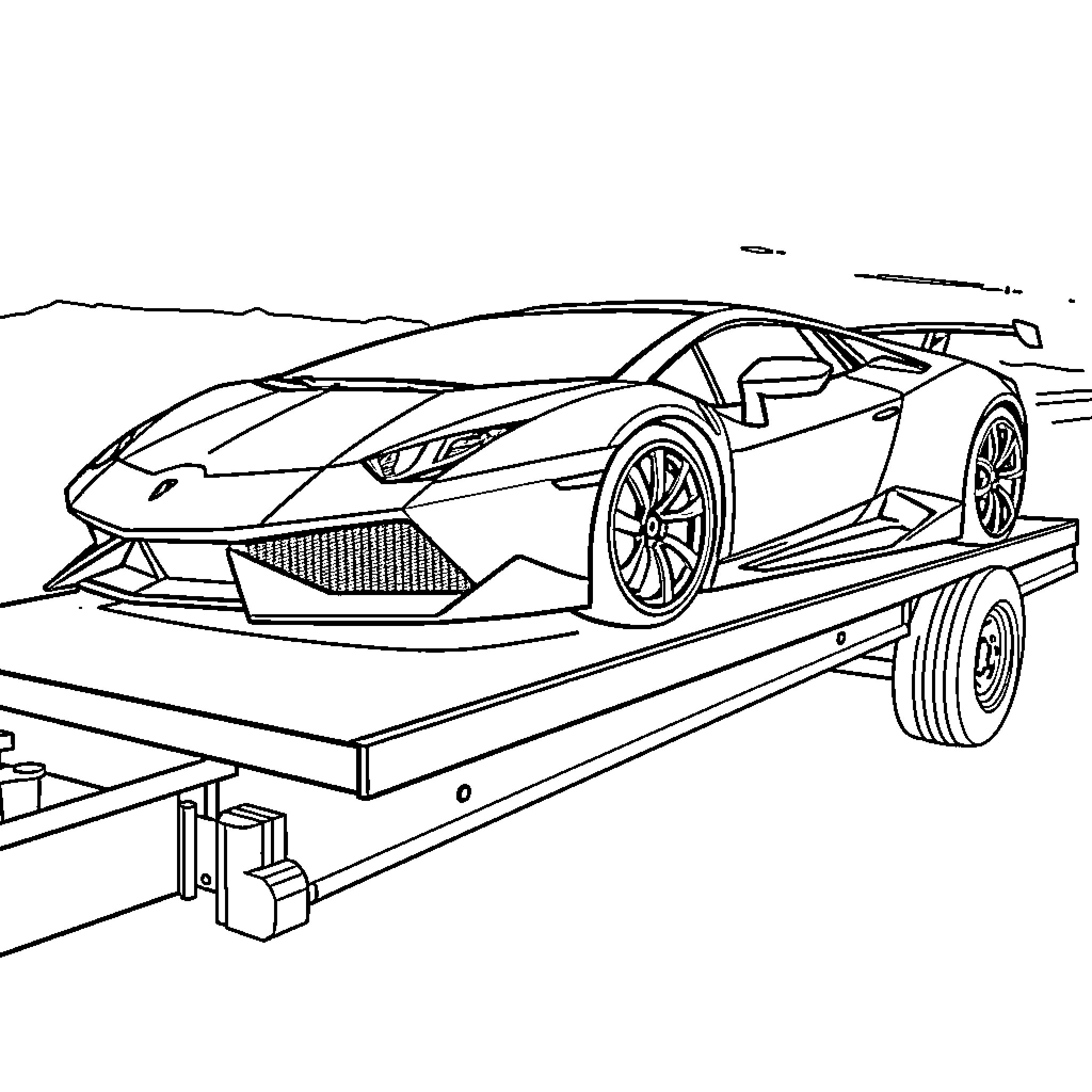 Lamborghini supercar being transported on a trailer Coloring Page (free black-and-white line drawing printable PDF for all, from beginners to advanced learners, including children, teens, adults, and seniors)