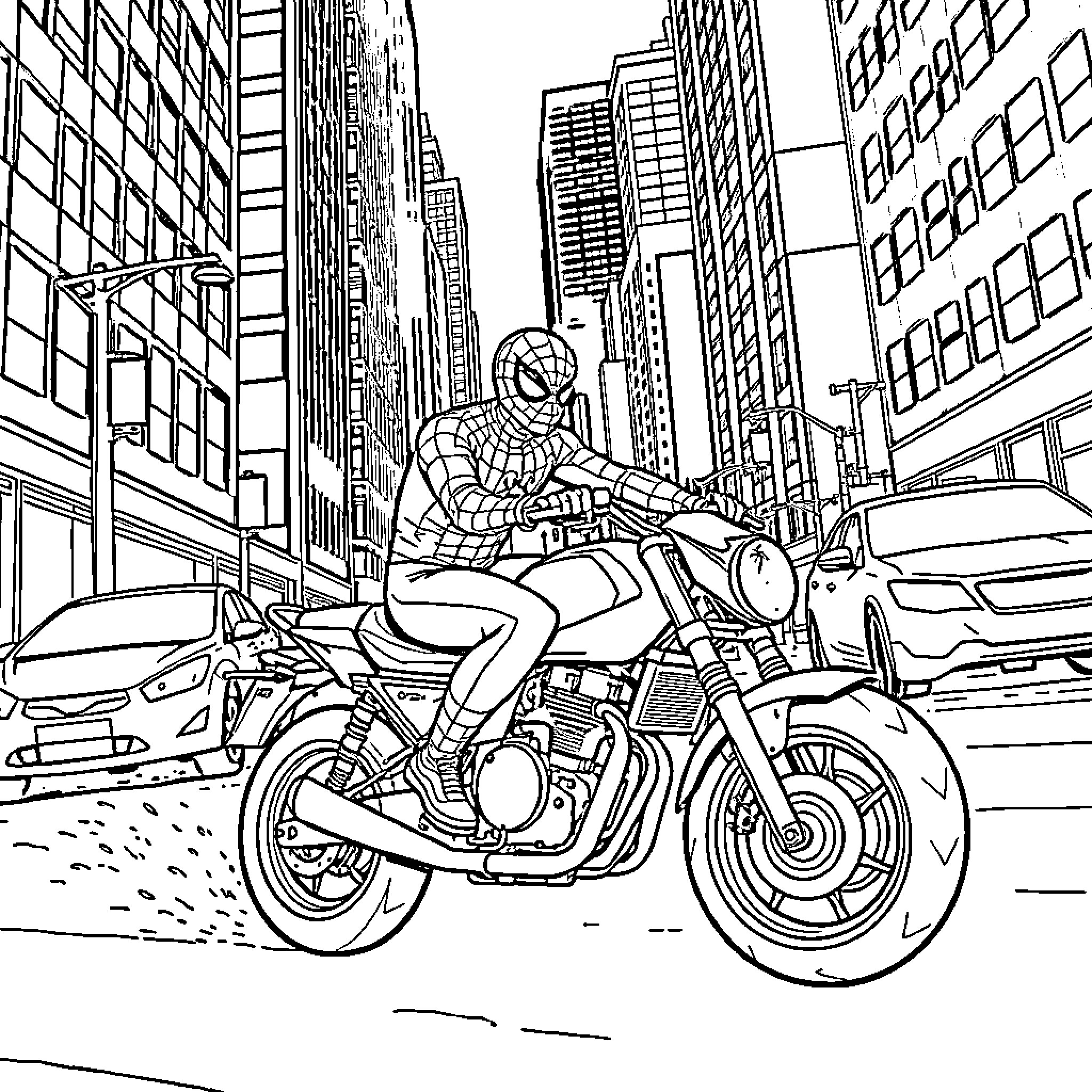 Spider-Man riding a motorcycle through a city Coloring Page (free black-and-white line drawing printable PDF for all, from beginners to advanced learners, including children, teens, adults, and seniors)