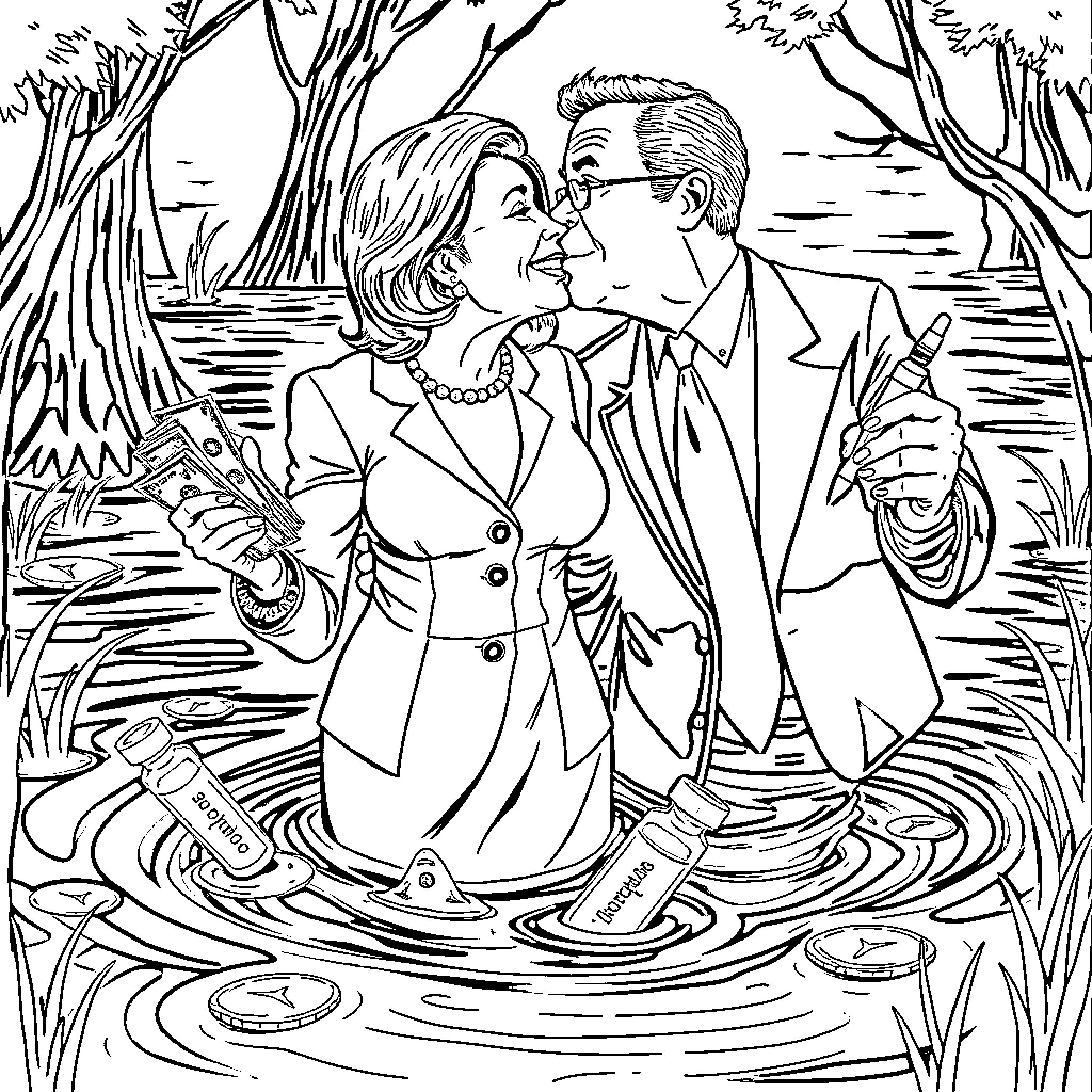Nancy Pelosi and Partner Engaged in Affectionate Interaction Coloring Page (free black-and-white line drawing printable PDF for all, from beginners to advanced learners, including children, teens, adults, and seniors)