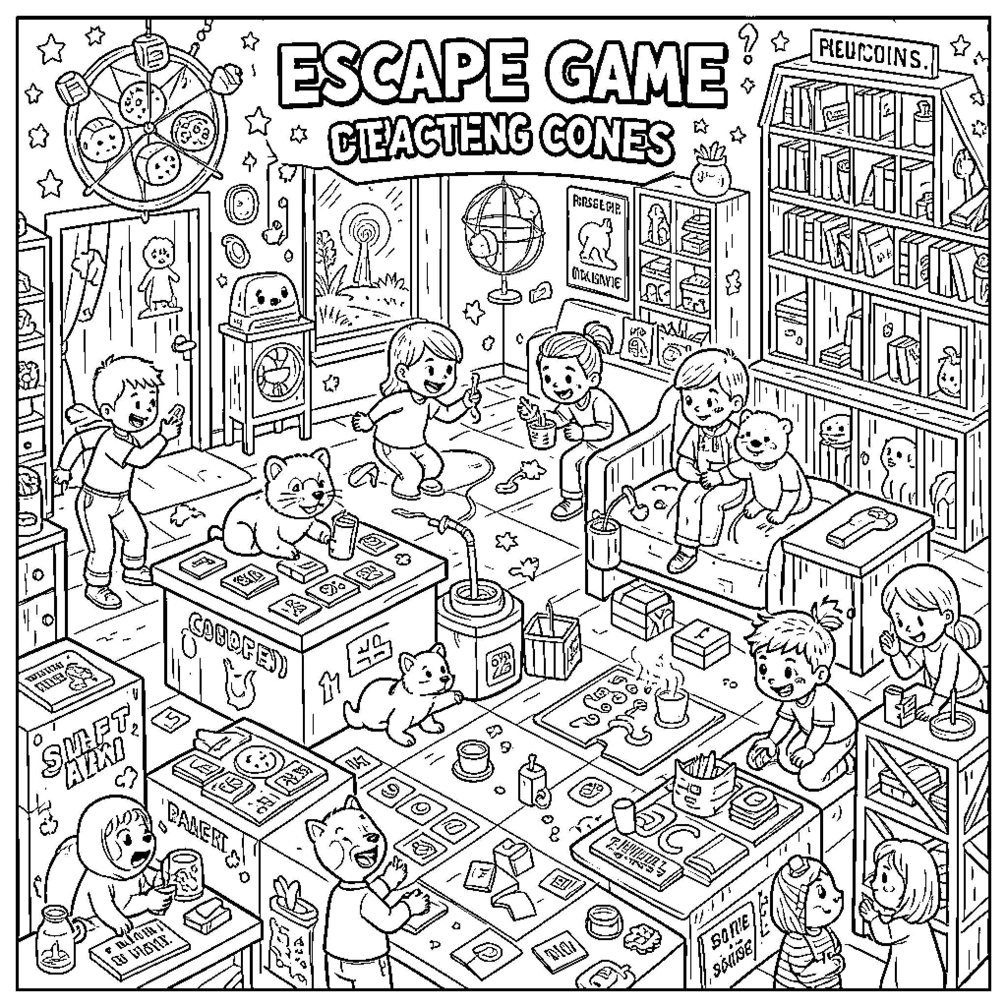 Escape Game characters exploring a room filled with mystery Coloring Page (free black-and-white line drawing printable PDF for all, from beginners to advanced learners, including children, teens, adults, and seniors)