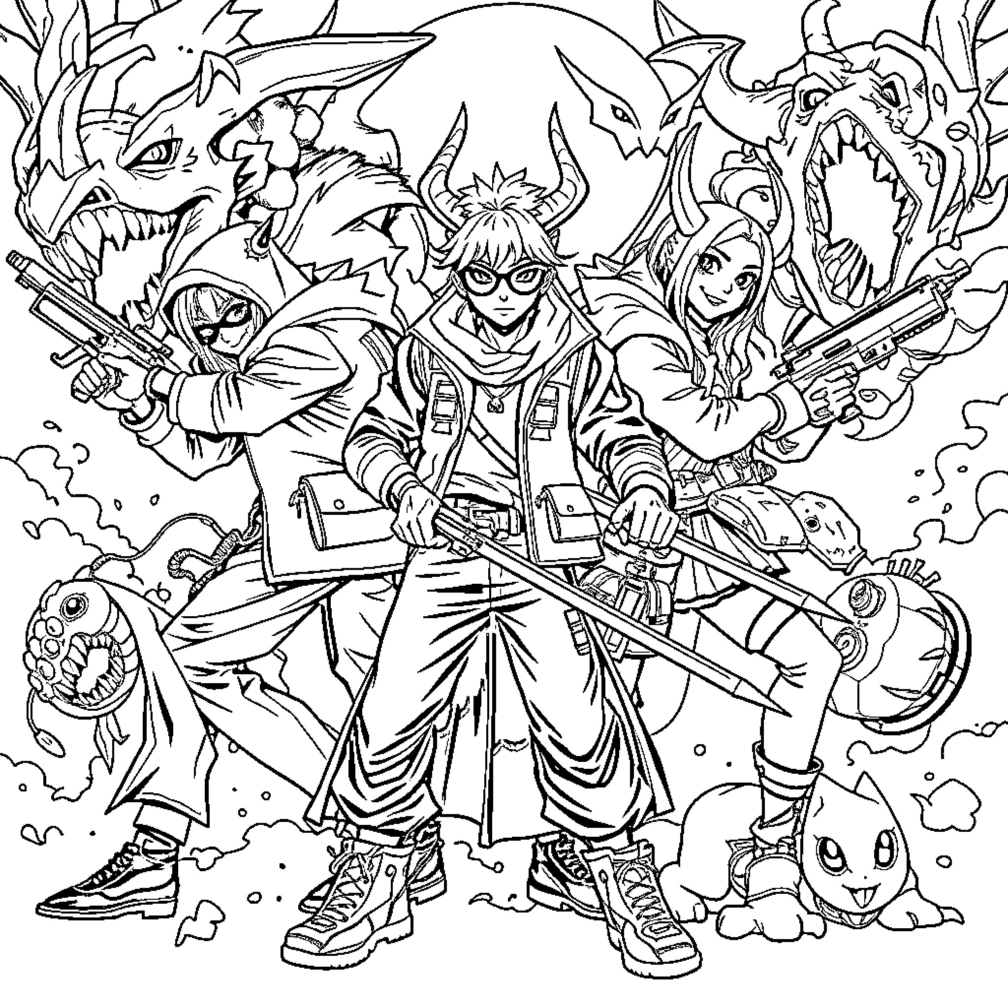 Demon Hunter in Epic Battle with Fearsome Creatures Coloring Page (free black-and-white line drawing printable PDF for all, from beginners to advanced learners, including children, teens, adults, and seniors)