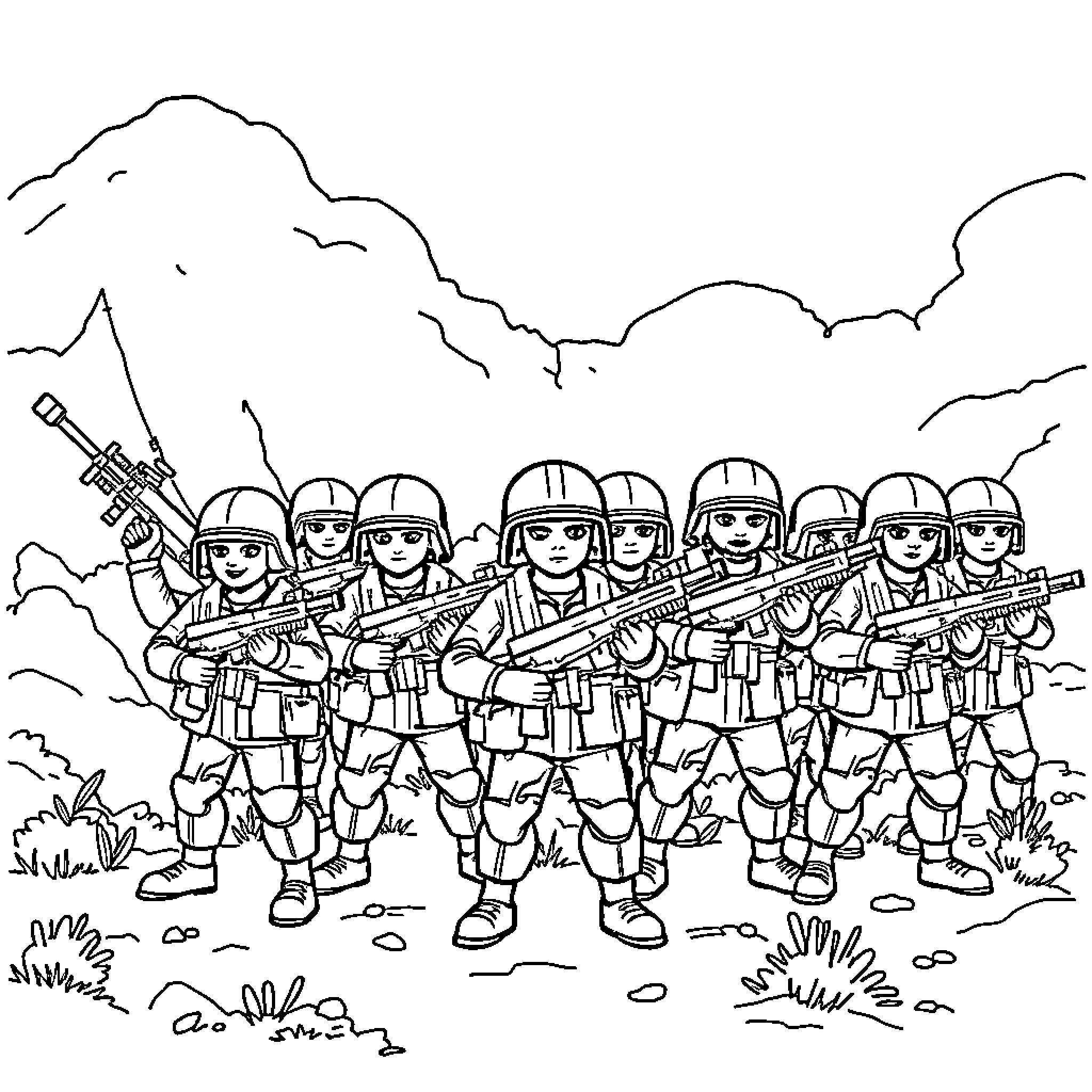 Army Men Ready for Battle in the Field Coloring Page (free black-and-white line drawing printable PDF for all, from beginners to advanced learners, including children, teens, adults, and seniors)