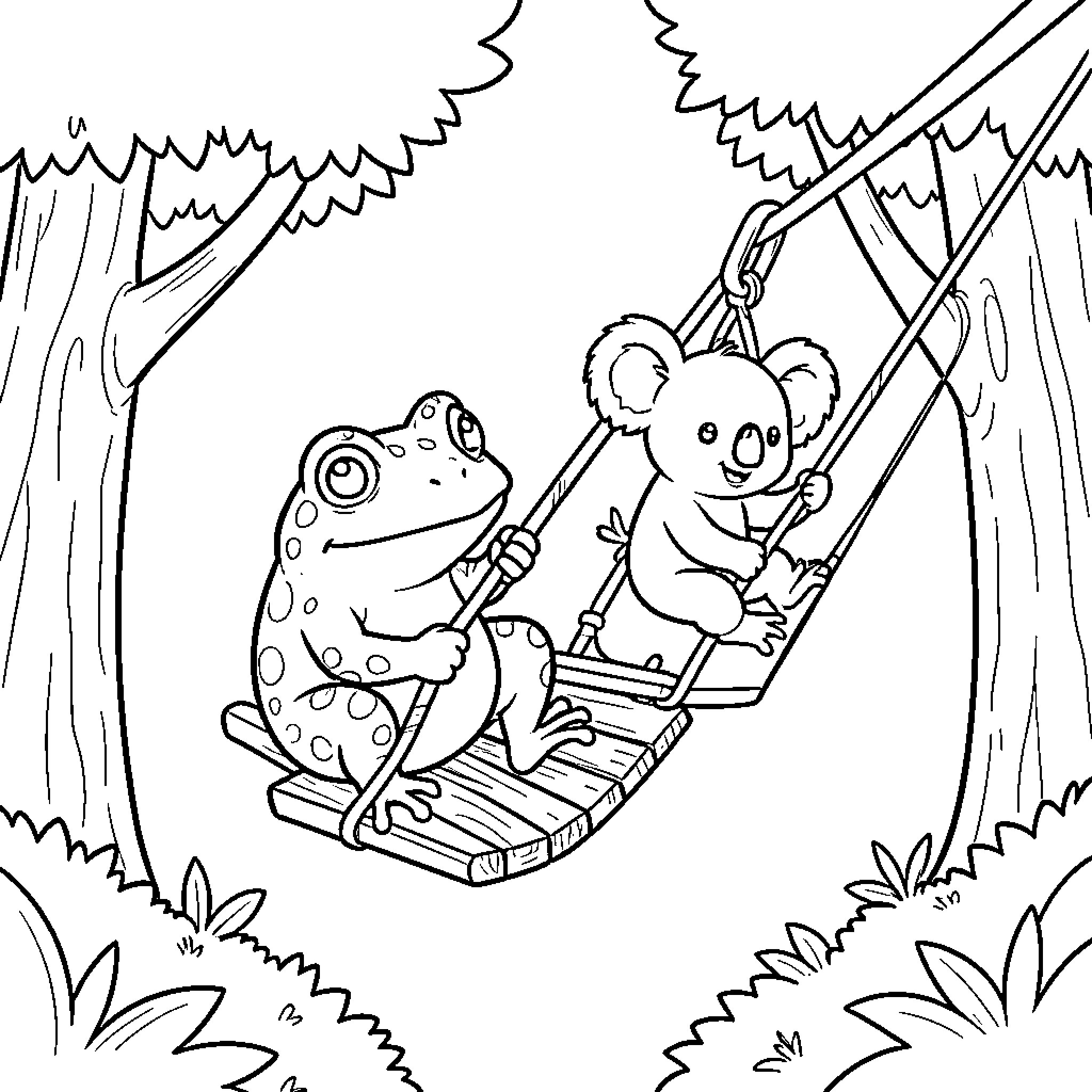 Toad and koala enjoying a ride on a swing Coloring Page (free black-and-white line drawing printable PDF for all, from beginners to advanced learners, including children, teens, adults, and seniors)