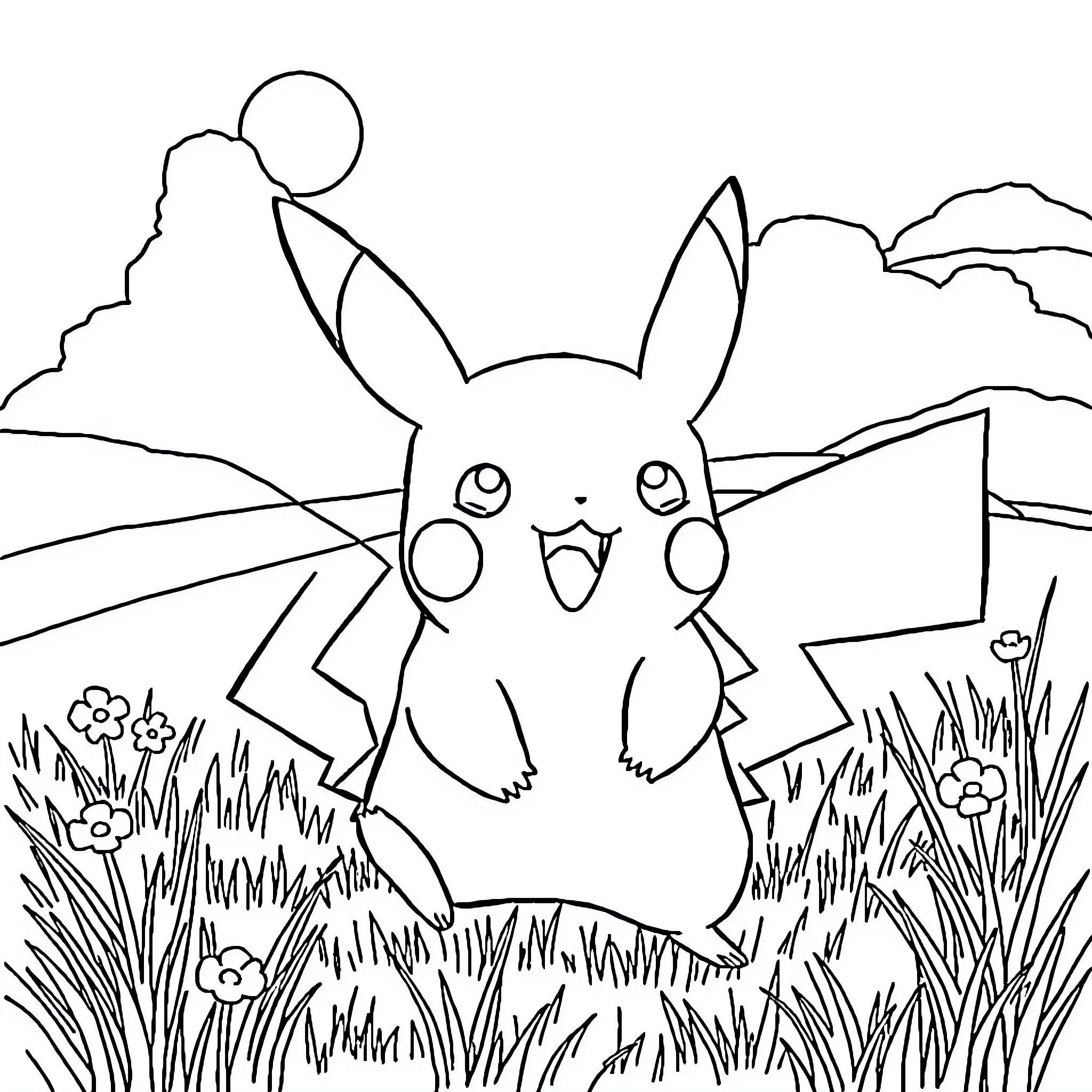 Pikachu enjoying nature in a scenic landscape Coloring Page (free black-and-white line drawing printable PDF for all, from beginners to advanced learners, including children, teens, adults, and seniors)
