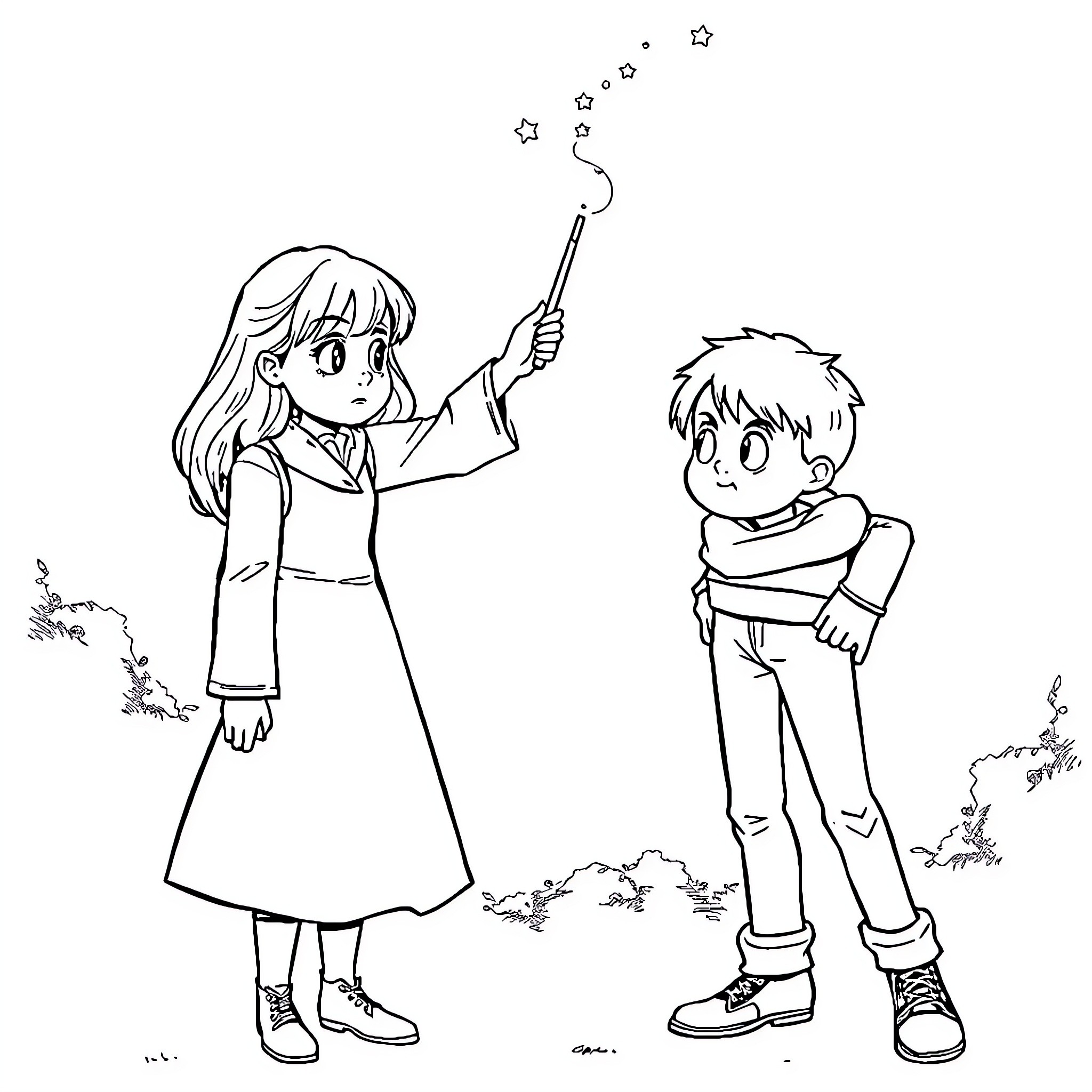 Hermione performing magic with a young boy Coloring Page (free black-and-white line drawing printable PDF for all, from beginners to advanced learners, including children, teens, adults, and seniors)