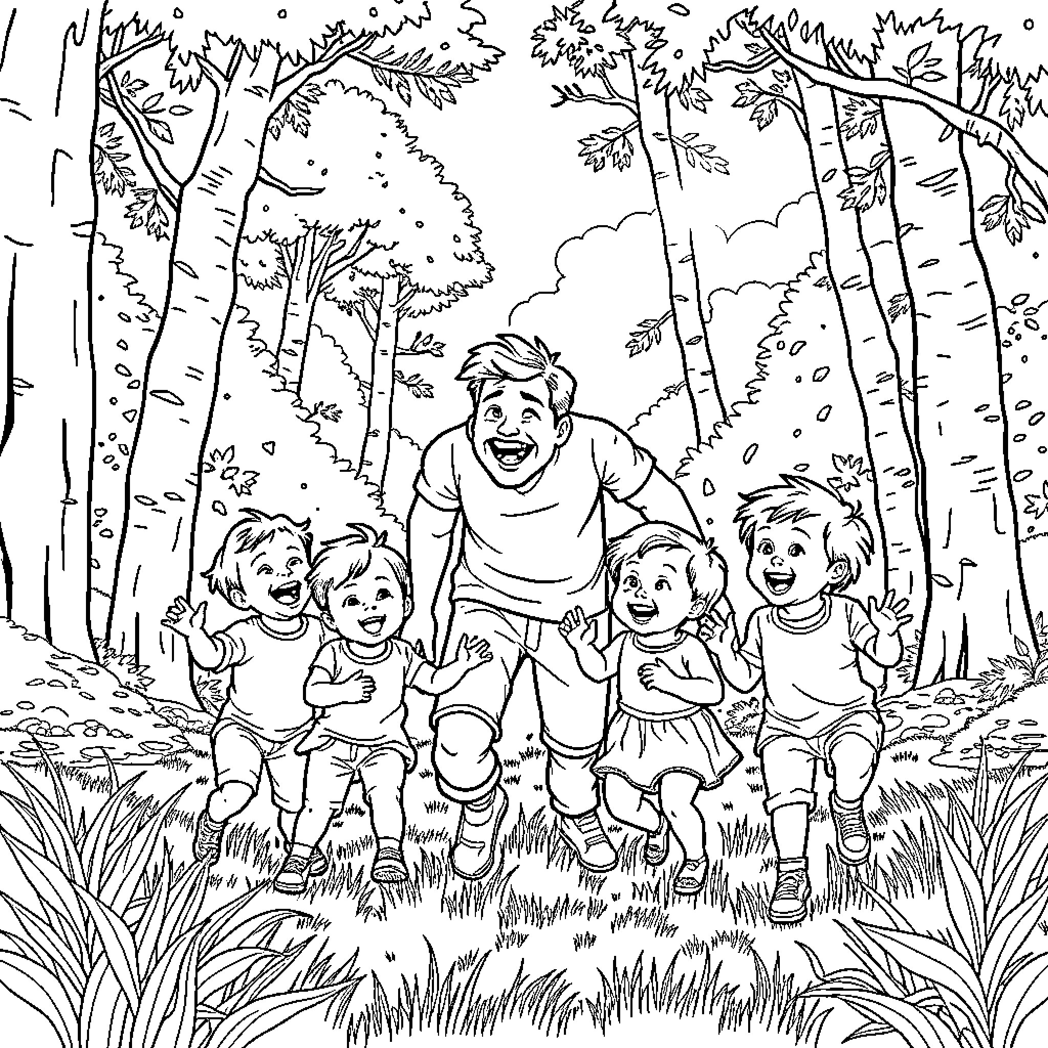 Dad Plays with Kids in the Enchanting Forest Coloring Page (free black-and-white line drawing printable PDF for all, from beginners to advanced learners, including children, teens, adults, and seniors)