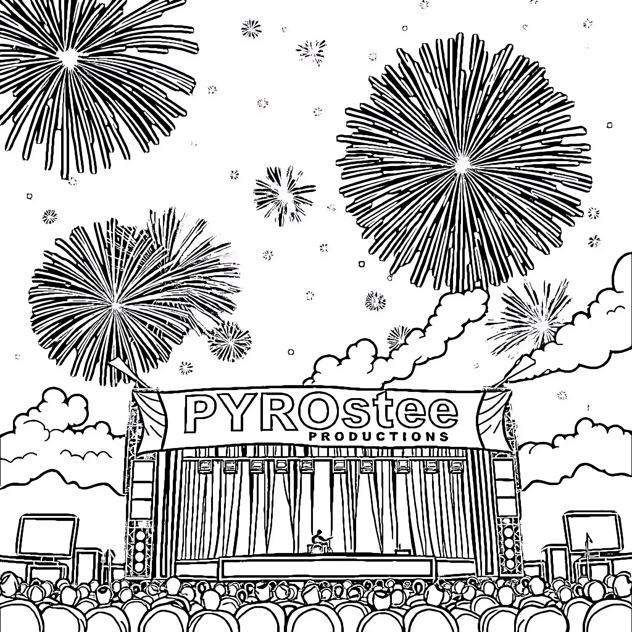Firework display over a production stage Coloring Page (free black-and-white line drawing printable PDF for all, from beginners to advanced learners, including children, teens, adults, and seniors)
