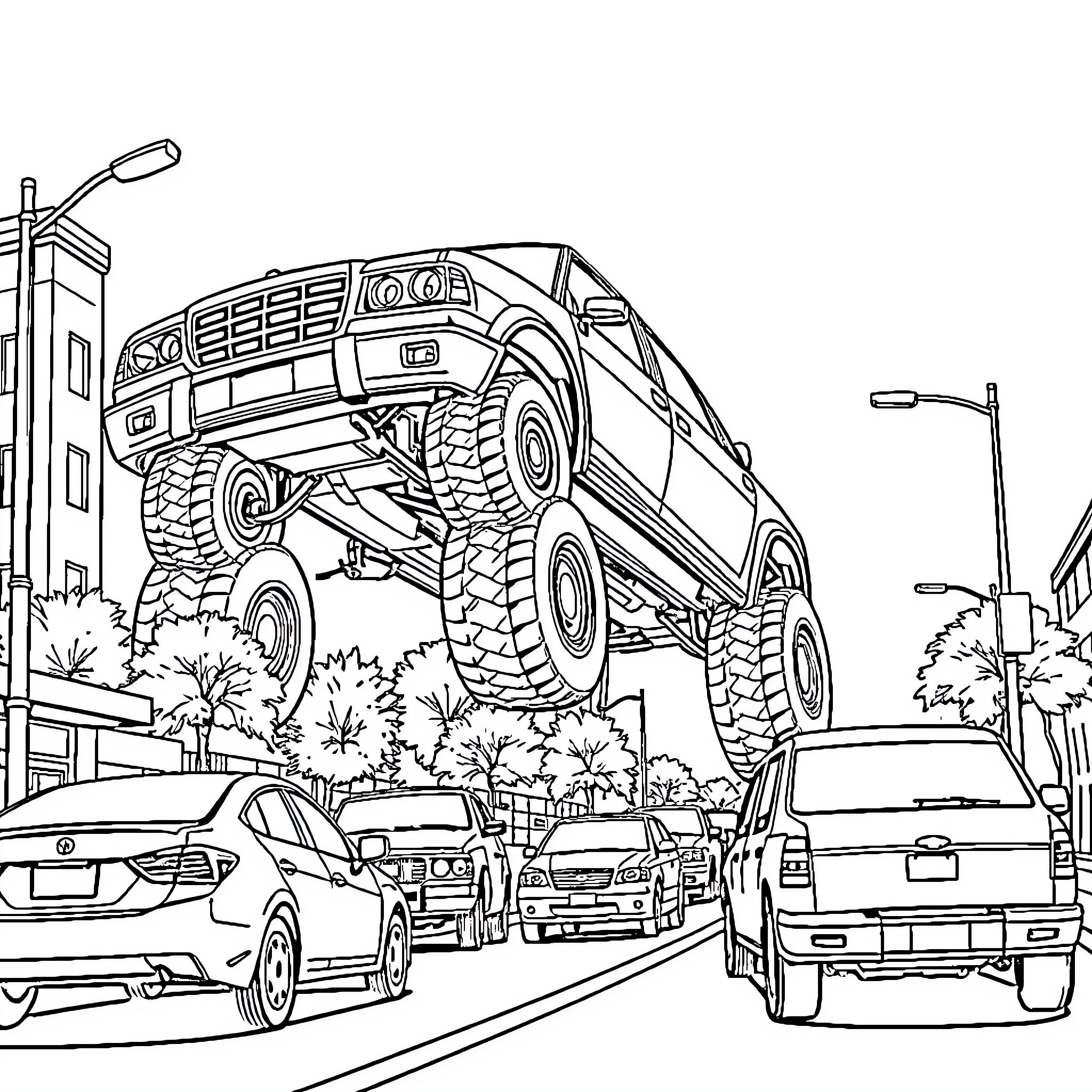 Car Leaping Over City Street Obstacles Coloring Page (free black-and-white line drawing printable PDF for all, from beginners to advanced learners, including children, teens, adults, and seniors)
