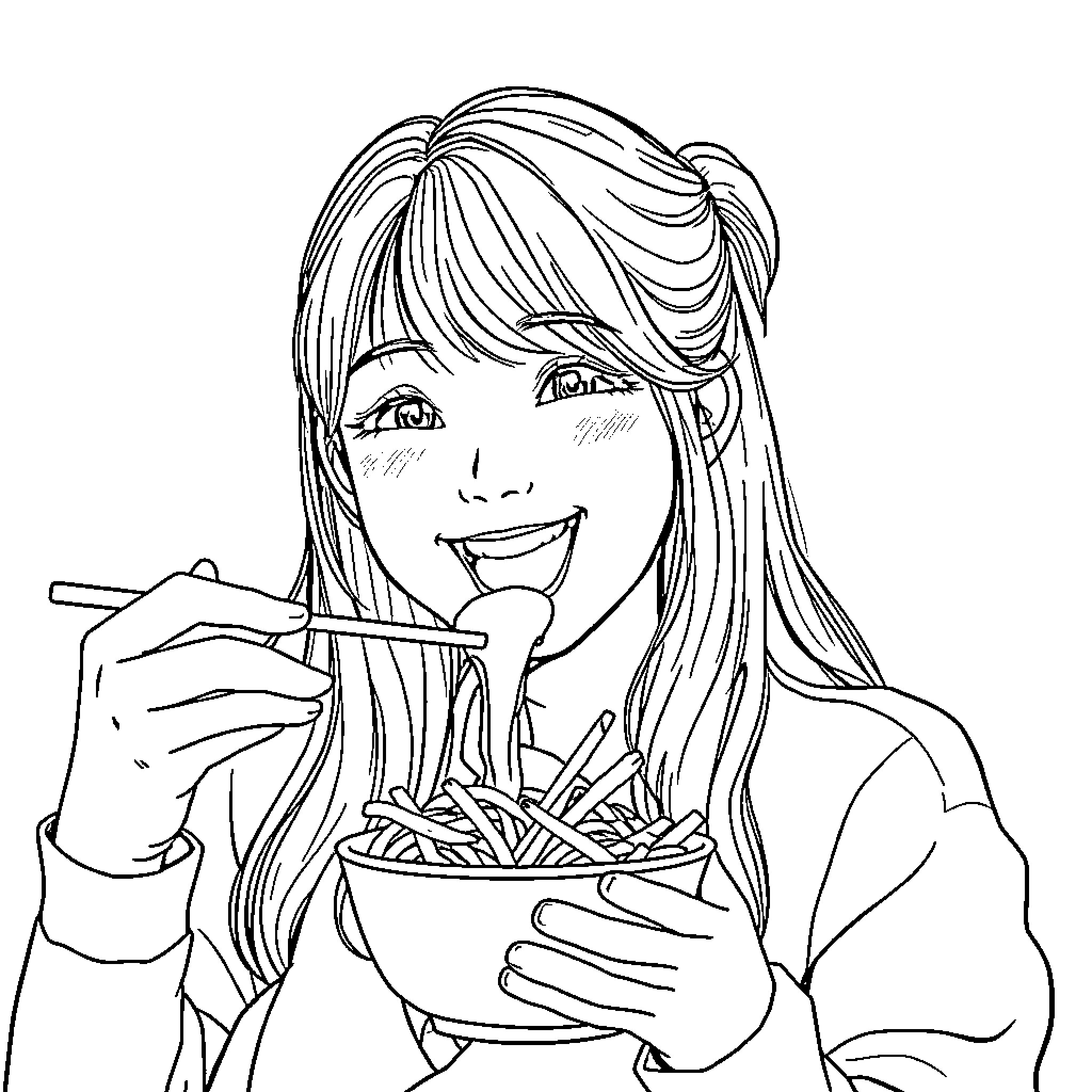 Rumi enjoying a hearty meal Coloring Page (free black-and-white line drawing printable PDF for all, from beginners to advanced learners, including children, teens, adults, and seniors)