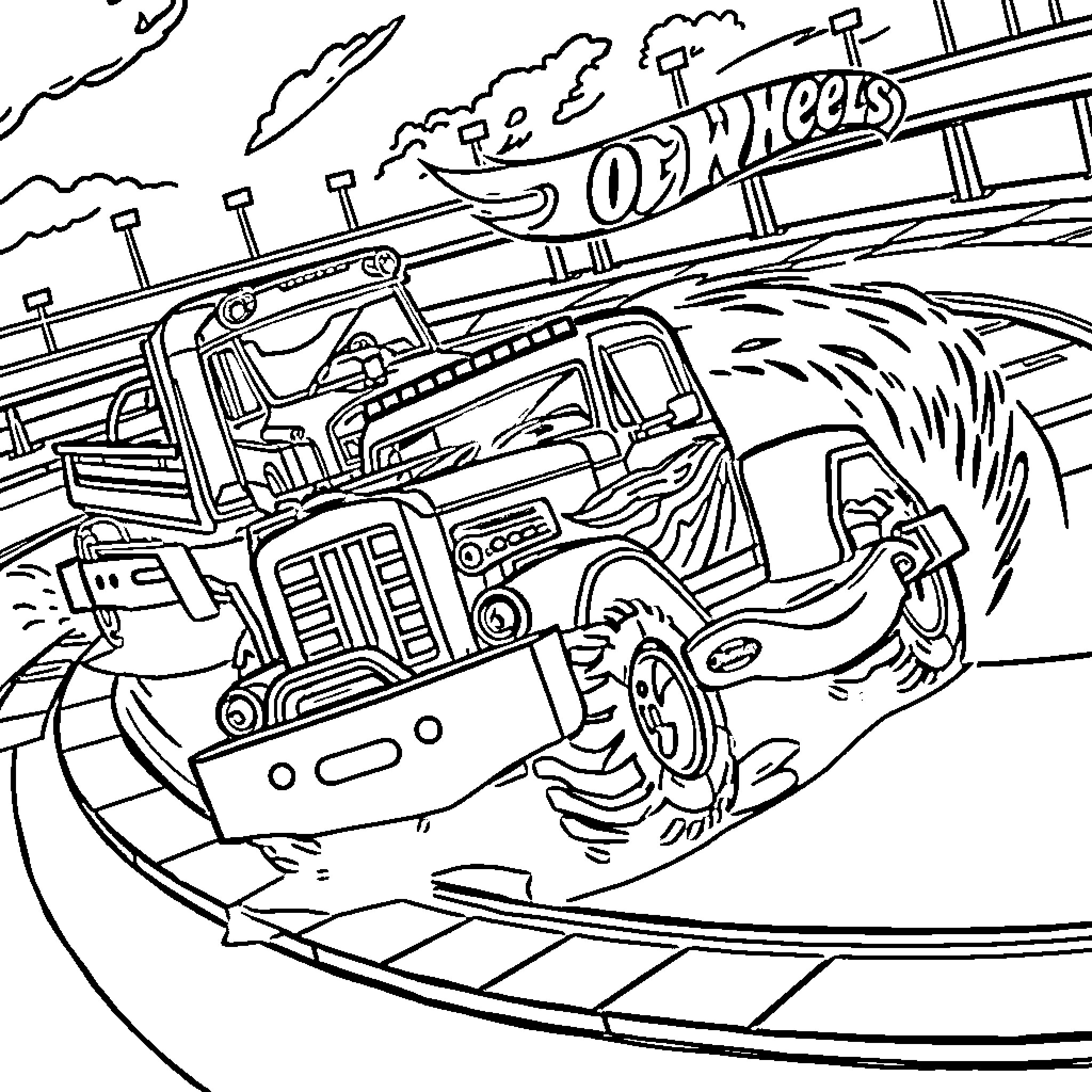 Truck racing on the track Coloring Page (free black-and-white line drawing printable PDF for all, from beginners to advanced learners, including children, teens, adults, and seniors)