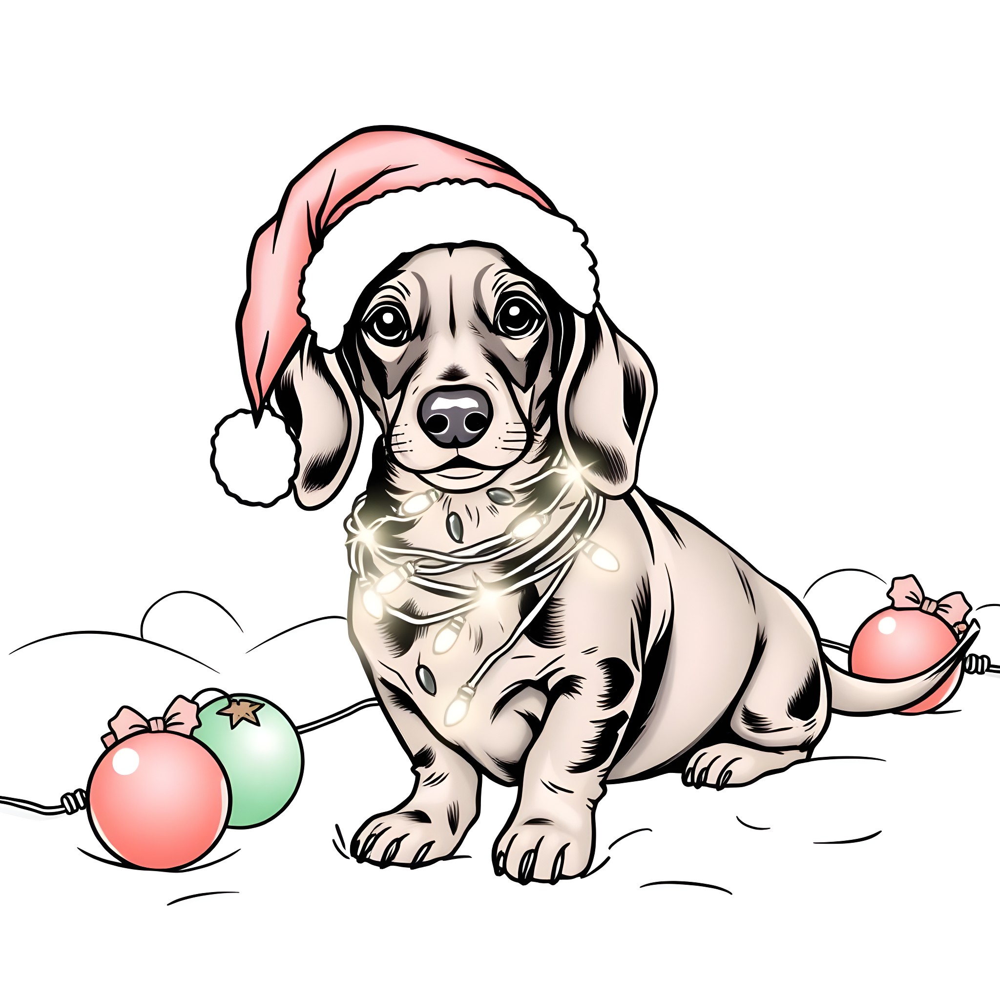Dachshund wearing Santa hat with Christmas ornaments Coloring Page (free black-and-white line drawing printable PDF for all, from beginners to advanced learners, including children, teens, adults, and seniors)