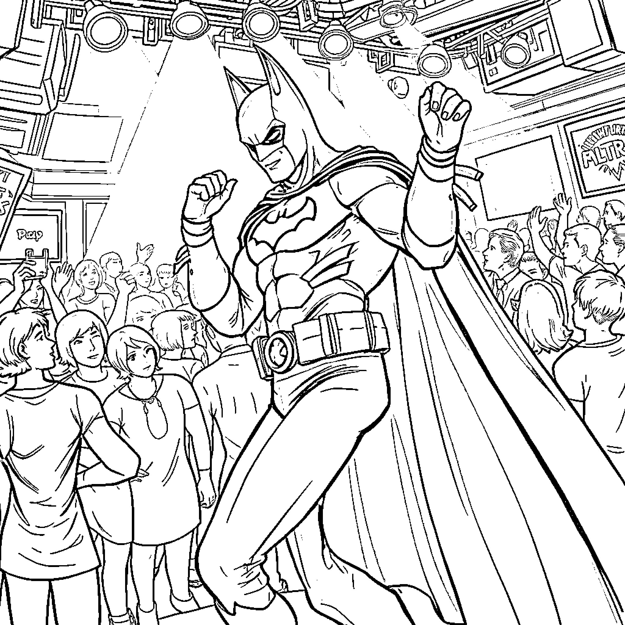 Batman Taking Action Amidst a Crowd Coloring Page (free black-and-white line drawing printable PDF for all, from beginners to advanced learners, including children, teens, adults, and seniors)