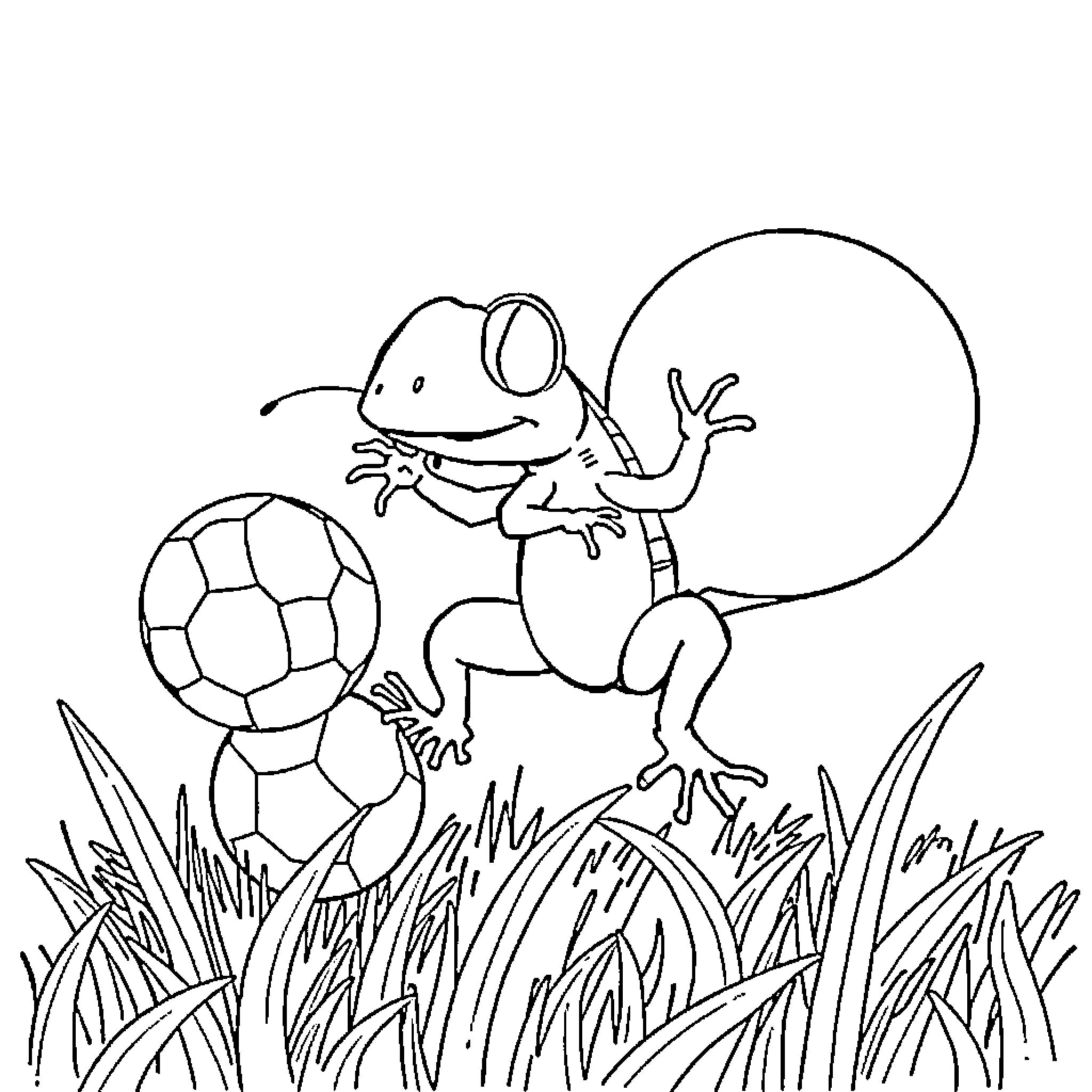 Frog playing soccer in the tall grass Coloring Page (free black-and-white line drawing printable PDF for all, from beginners to advanced learners, including children, teens, adults, and seniors)
