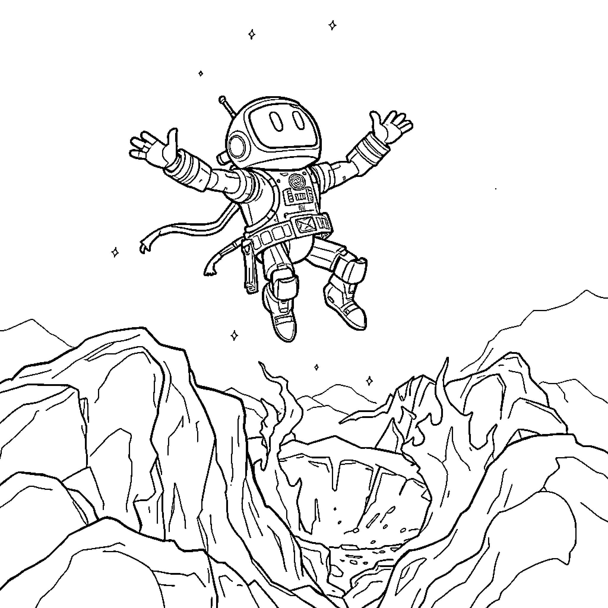 Astro Bot Leaping Across Rocky Terrain Coloring Page (free black-and-white line drawing printable PDF for all, from beginners to advanced learners, including children, teens, adults, and seniors)
