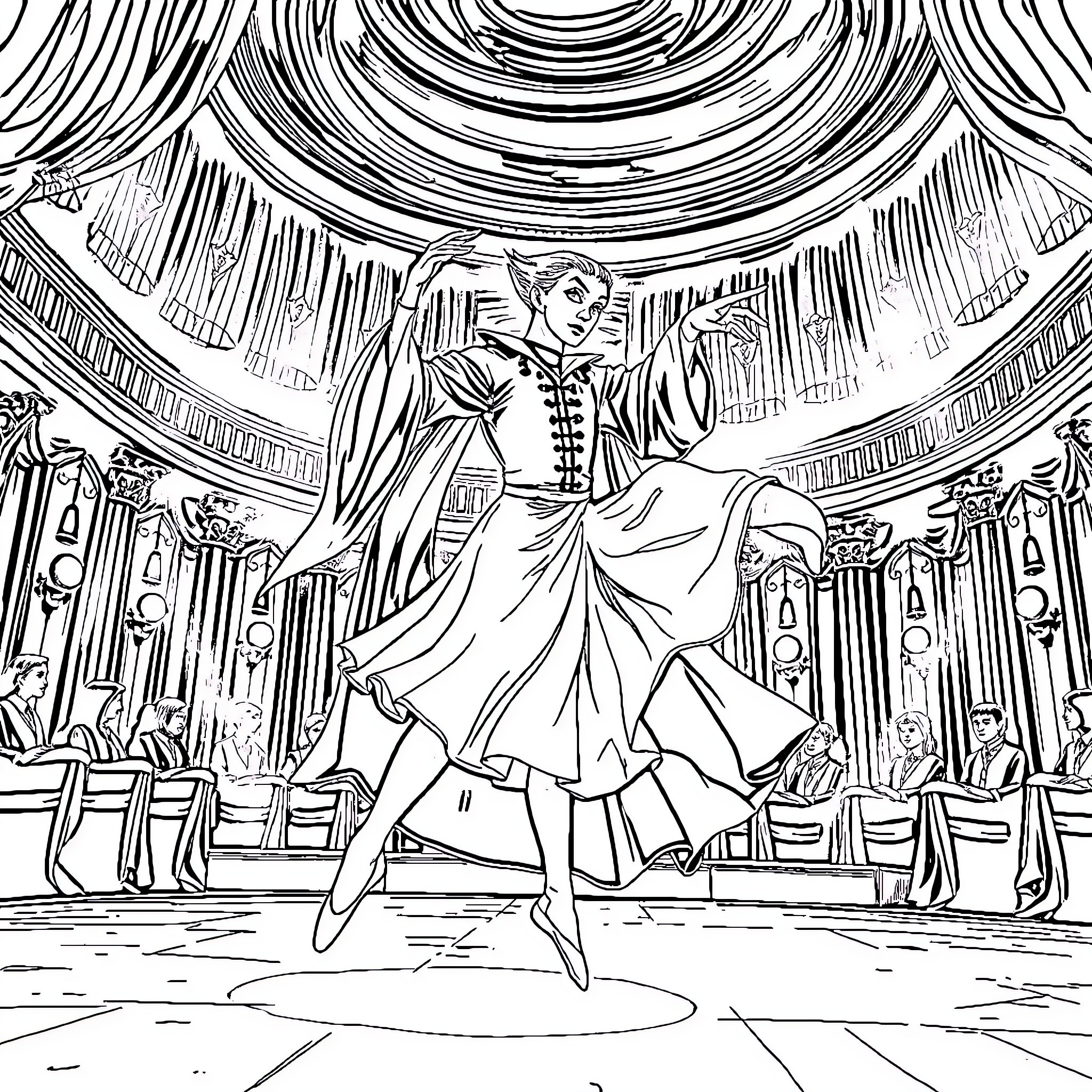 Voldemort's Graceful Dance in the Grand Ballroom Coloring Page (free black-and-white line drawing printable PDF for all, from beginners to advanced learners, including children, teens, adults, and seniors)