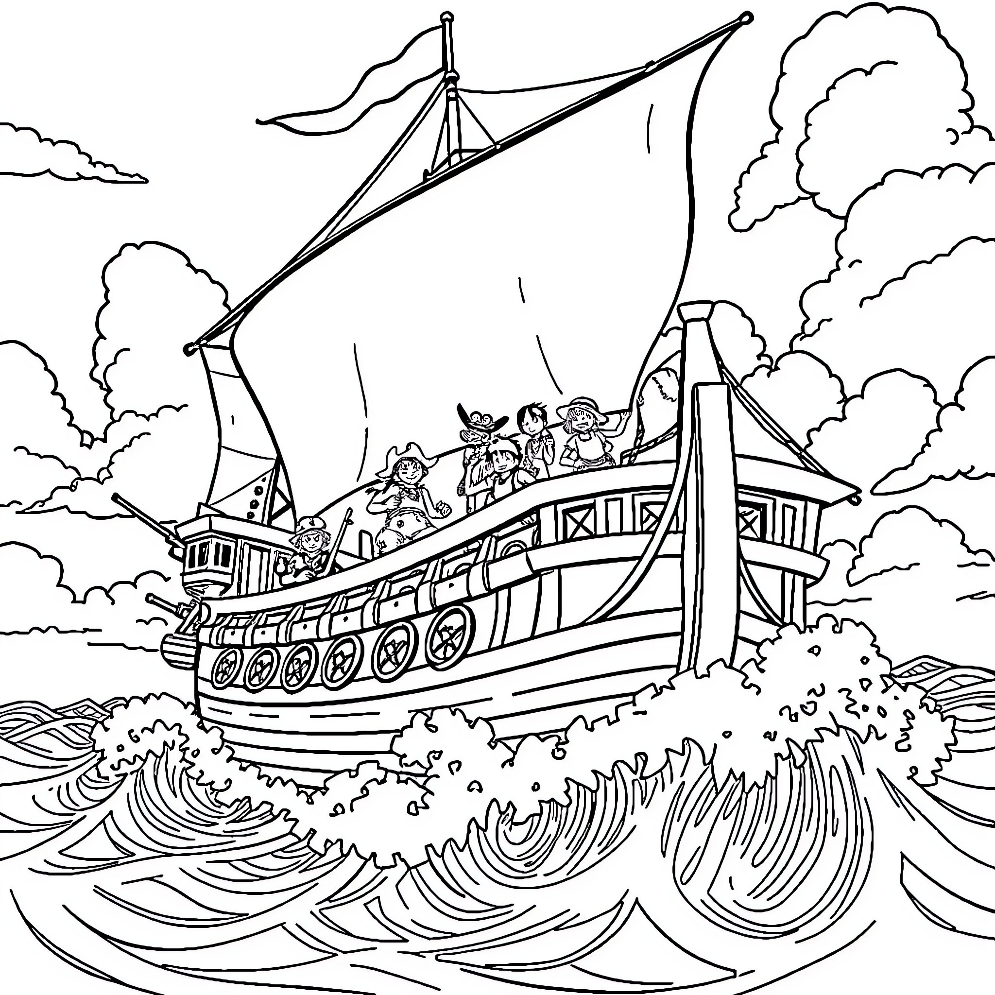 One Piece Pirate Ship Adventure Coloring Page (free black-and-white line drawing printable PDF for all, from beginners to advanced learners, including children, teens, adults, and seniors)