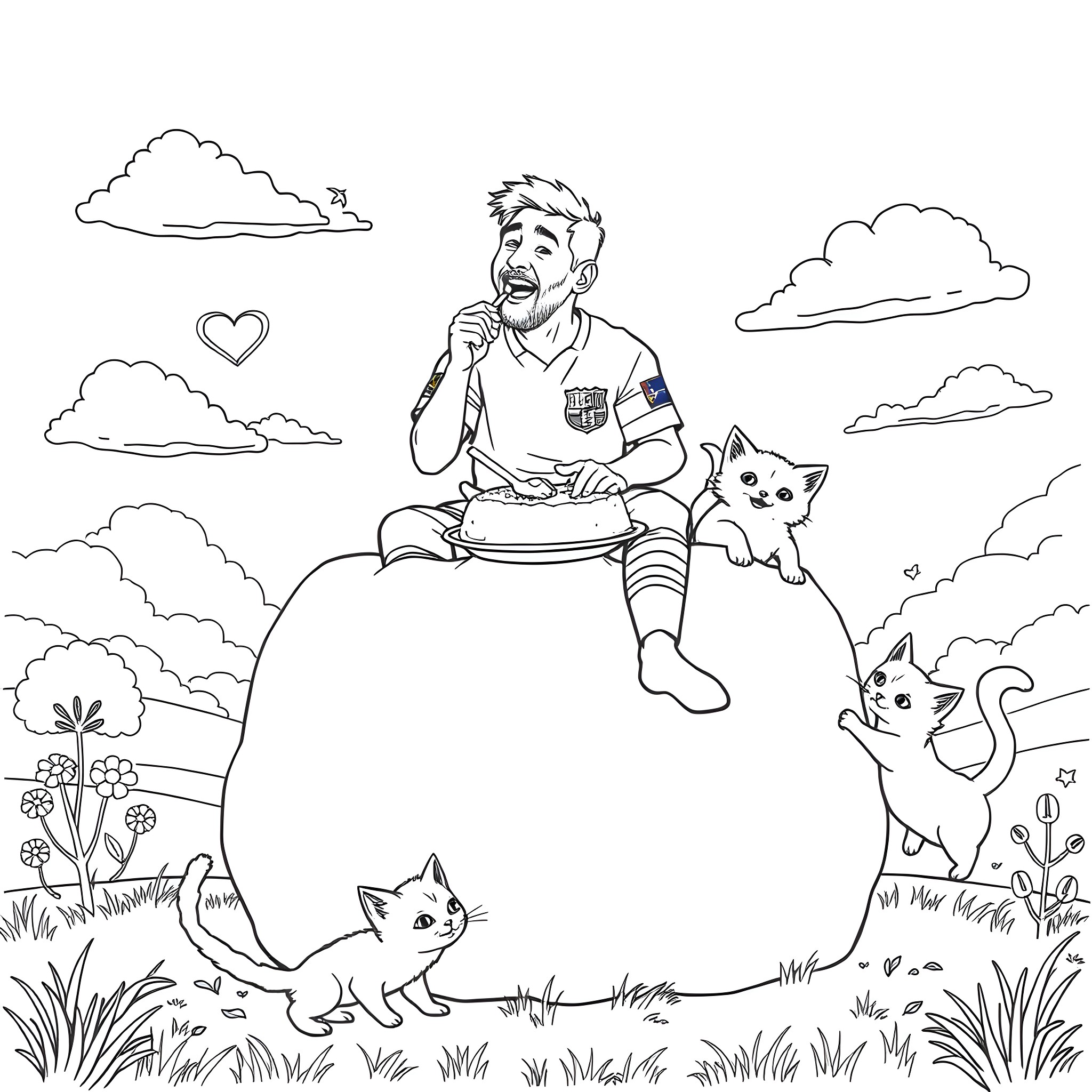 Messi playing with kittens in the meadow Coloring Page (free black-and-white line drawing printable PDF for all, from beginners to advanced learners, including children, teens, adults, and seniors)