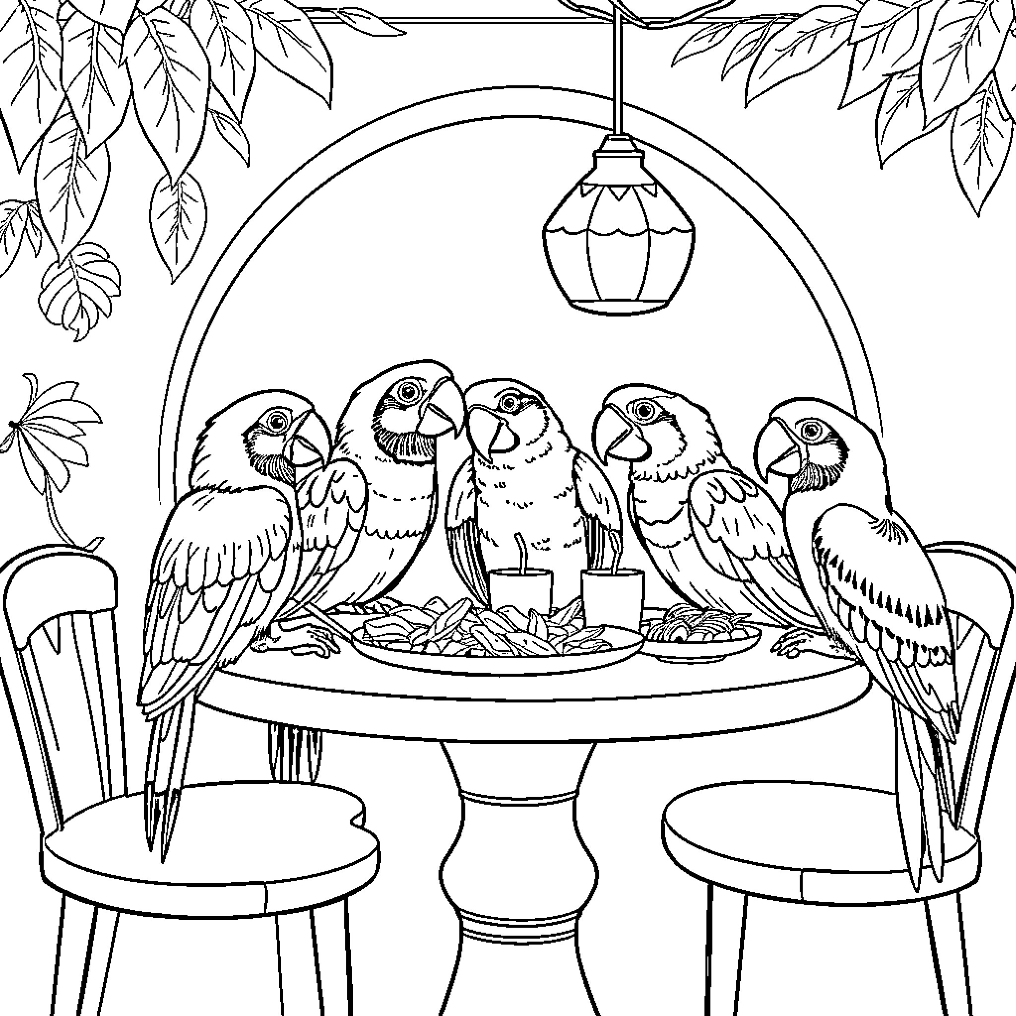 Birds dining together under a lantern Coloring Page (free black-and-white line drawing printable PDF for all, from beginners to advanced learners, including children, teens, adults, and seniors)