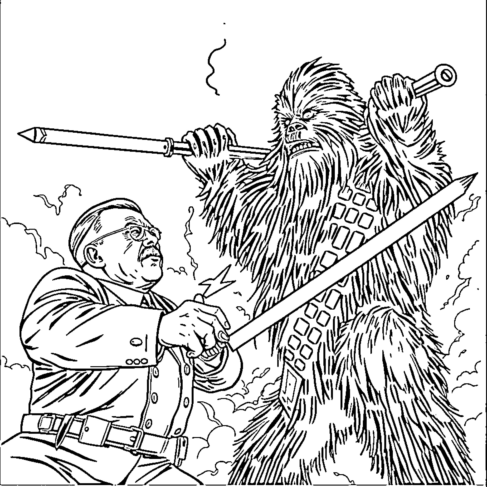 Chewbacca battling Imperial officer in a fierce encounter Coloring Page (free black-and-white line drawing printable PDF for all, from beginners to advanced learners, including children, teens, adults, and seniors)