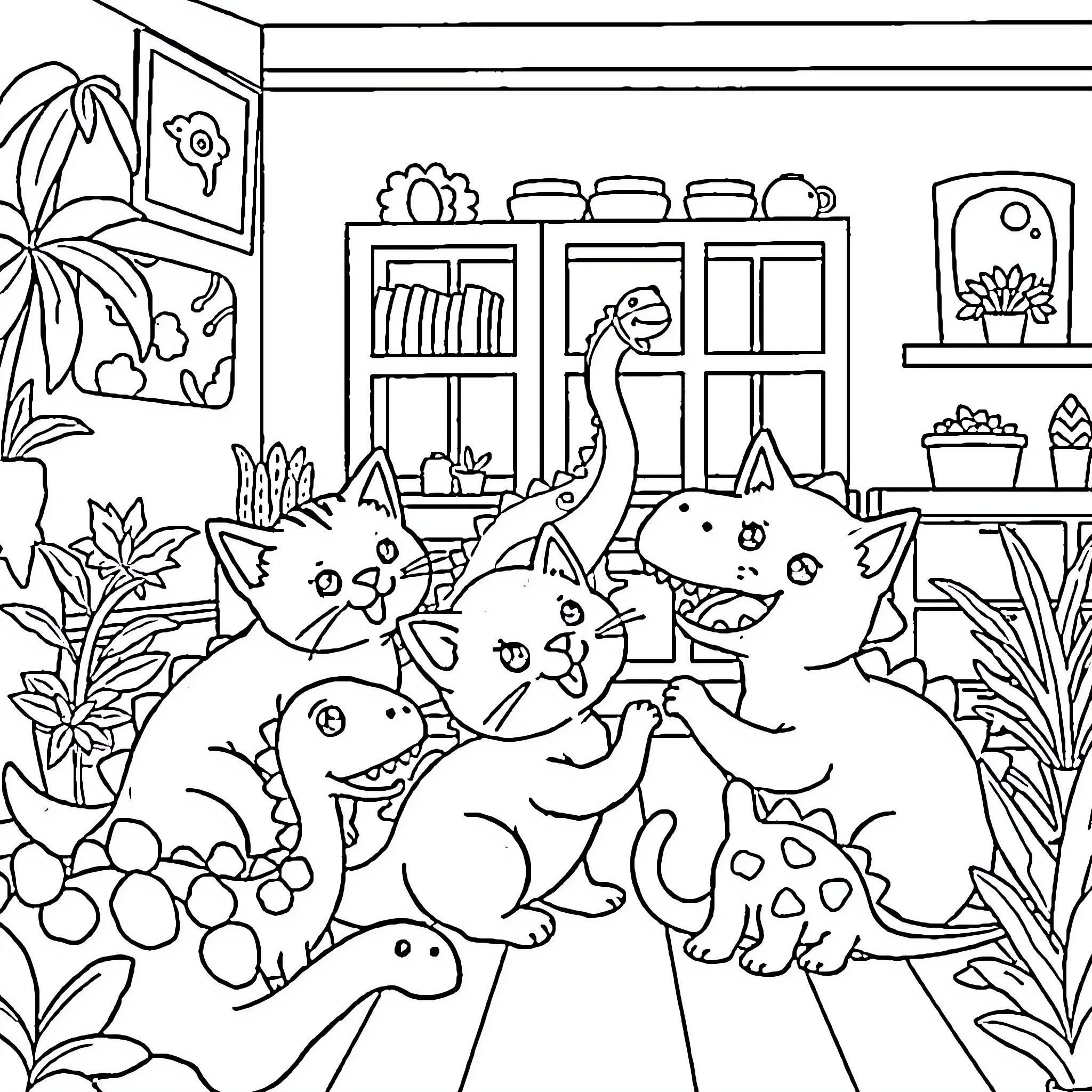 Cat family enjoying cozy indoor scene Coloring Page (free black-and-white line drawing printable PDF for all, from beginners to advanced learners, including children, teens, adults, and seniors)