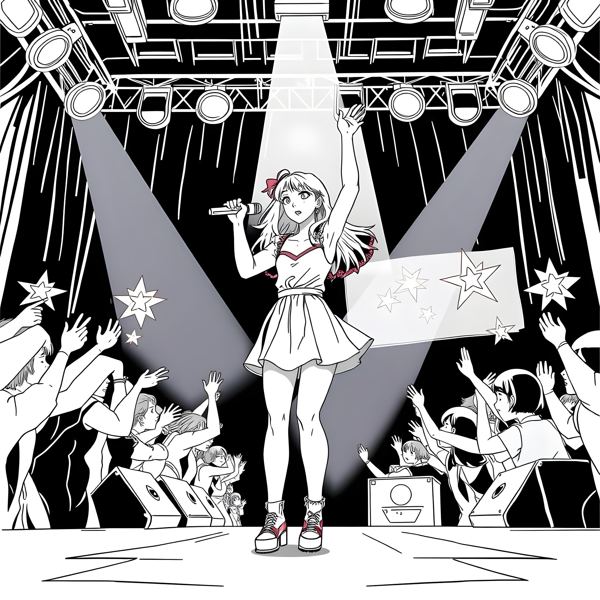 Teenage Girl Performing on Stage with Audience Coloring Page (free black-and-white line drawing printable PDF for all, from beginners to advanced learners, including children, teens, adults, and seniors)
