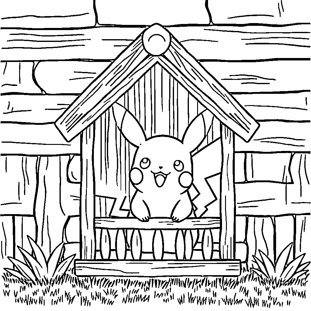 Pikachu sitting happily in a wooden birdhouse Coloring Page (free black-and-white line drawing printable PDF for all, from beginners to advanced learners, including children, teens, adults, and seniors)