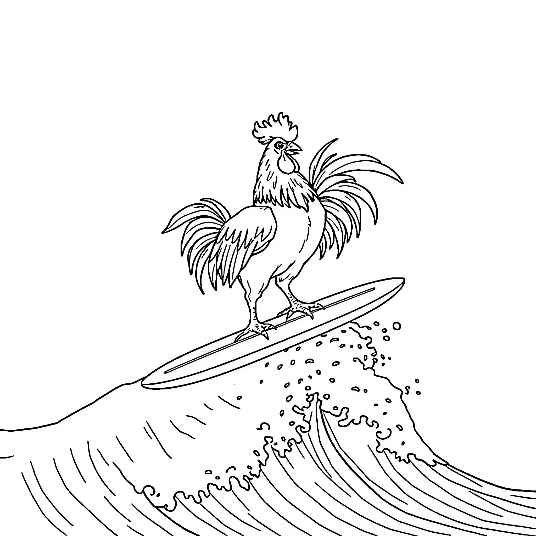 Rooster surfing the ocean waves Coloring Page (free black-and-white line drawing printable PDF for all, from beginners to advanced learners, including children, teens, adults, and seniors)