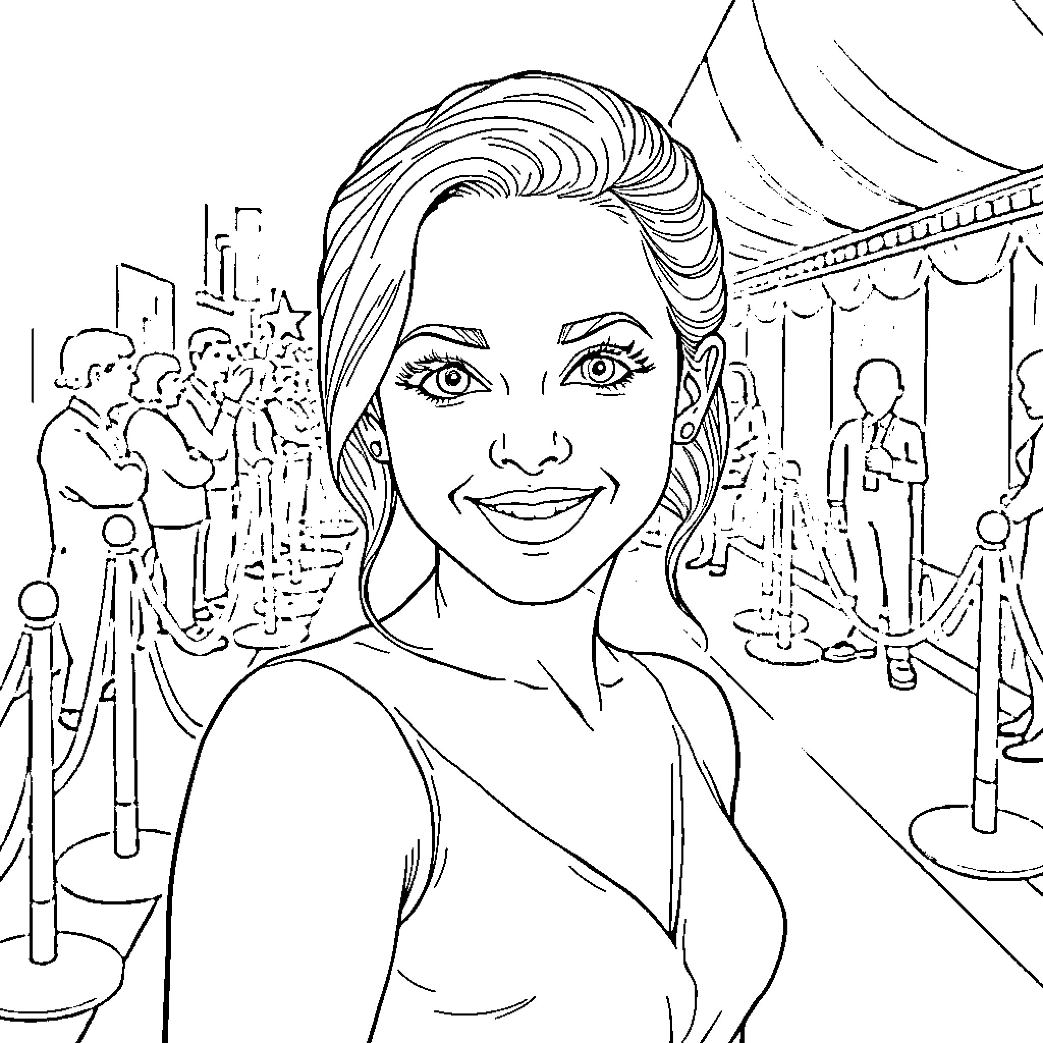 Sydney Sweeney smiling at a glamorous event Coloring Page (free black-and-white line drawing printable PDF for all, from beginners to advanced learners, including children, teens, adults, and seniors)