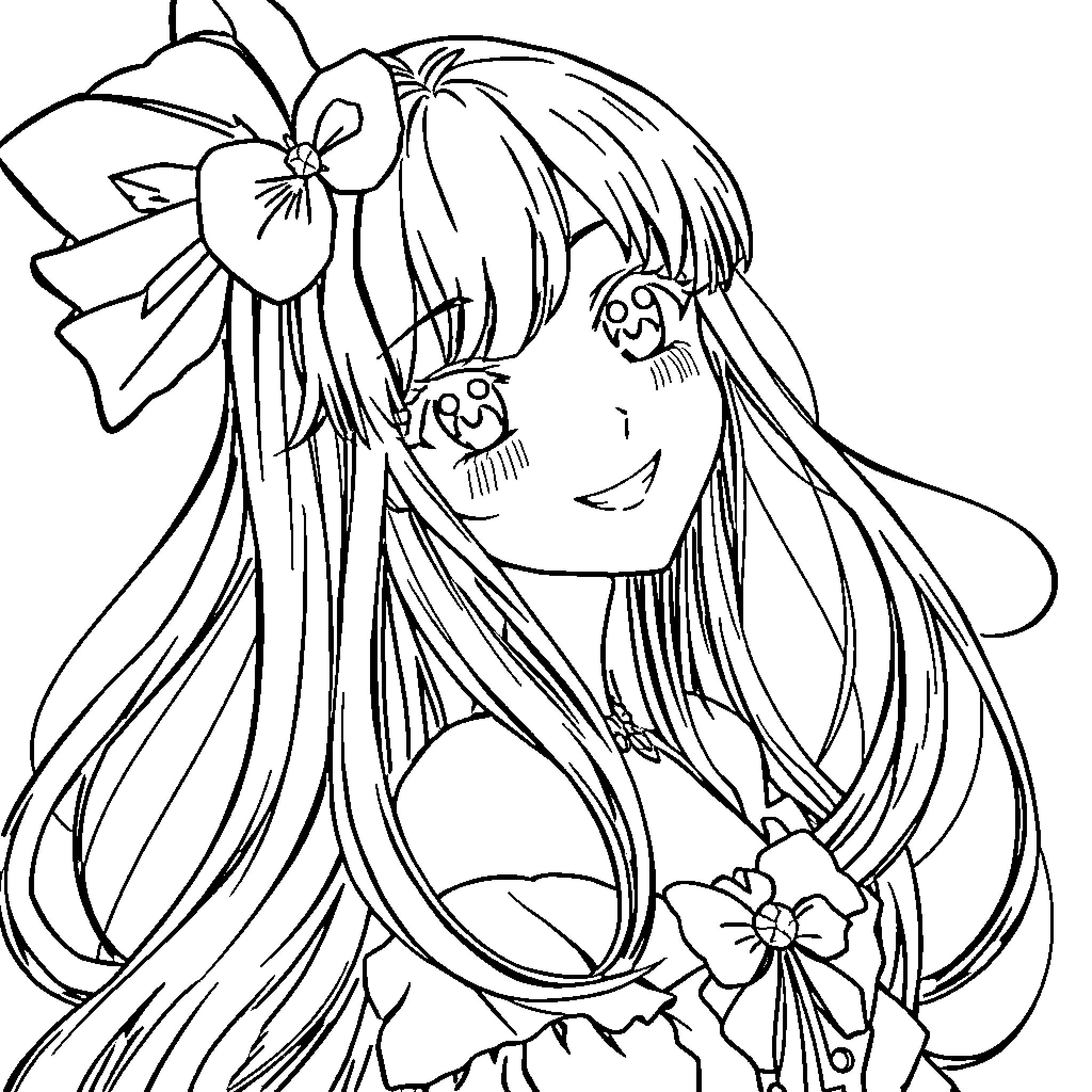 Waifu with Floral Headpiece and Joyful Expression Coloring Page (free black-and-white line drawing printable PDF for all, from beginners to advanced learners, including children, teens, adults, and seniors)