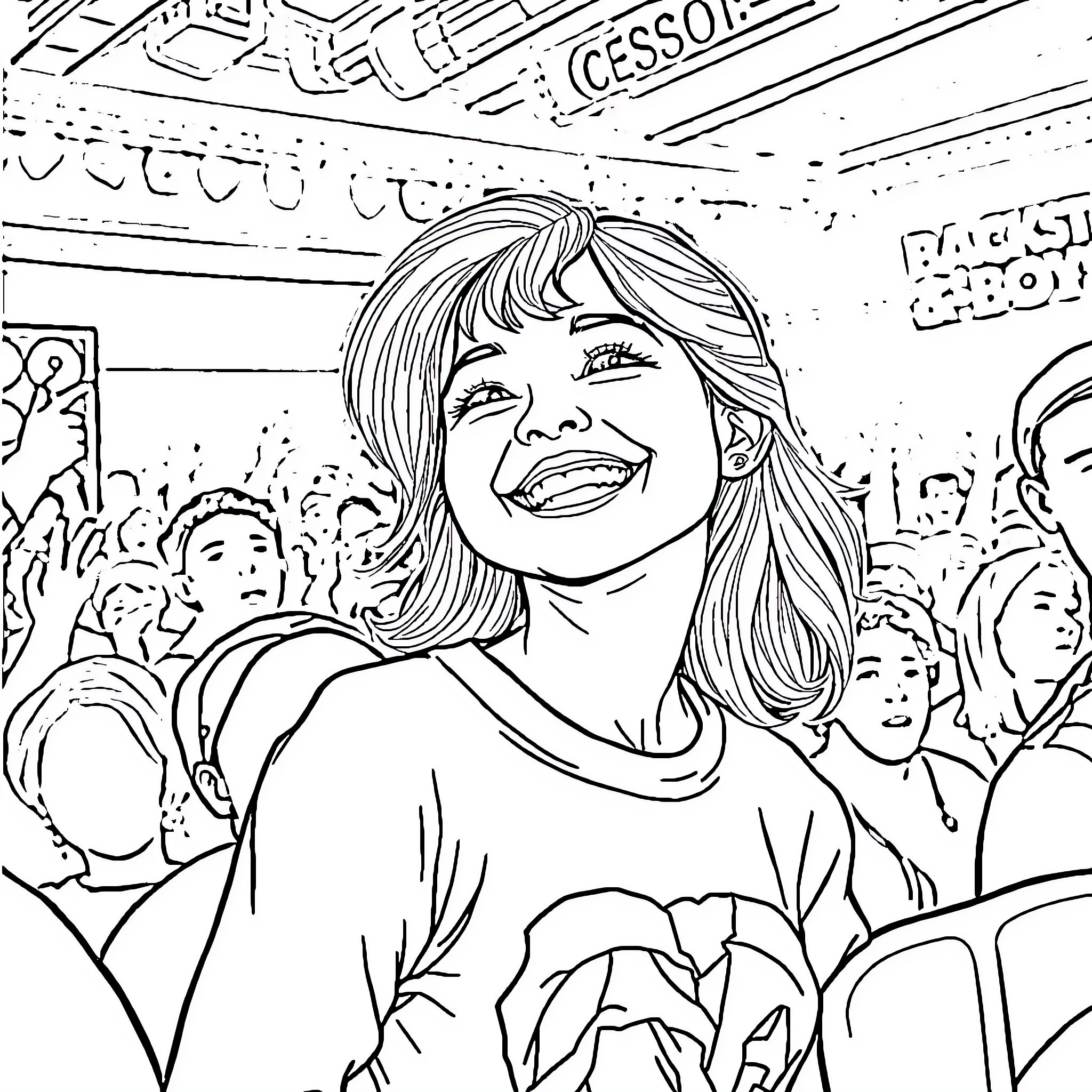 Girl smiling joyfully in a crowd Coloring Page (free black-and-white line drawing printable PDF for all, from beginners to advanced learners, including children, teens, adults, and seniors)