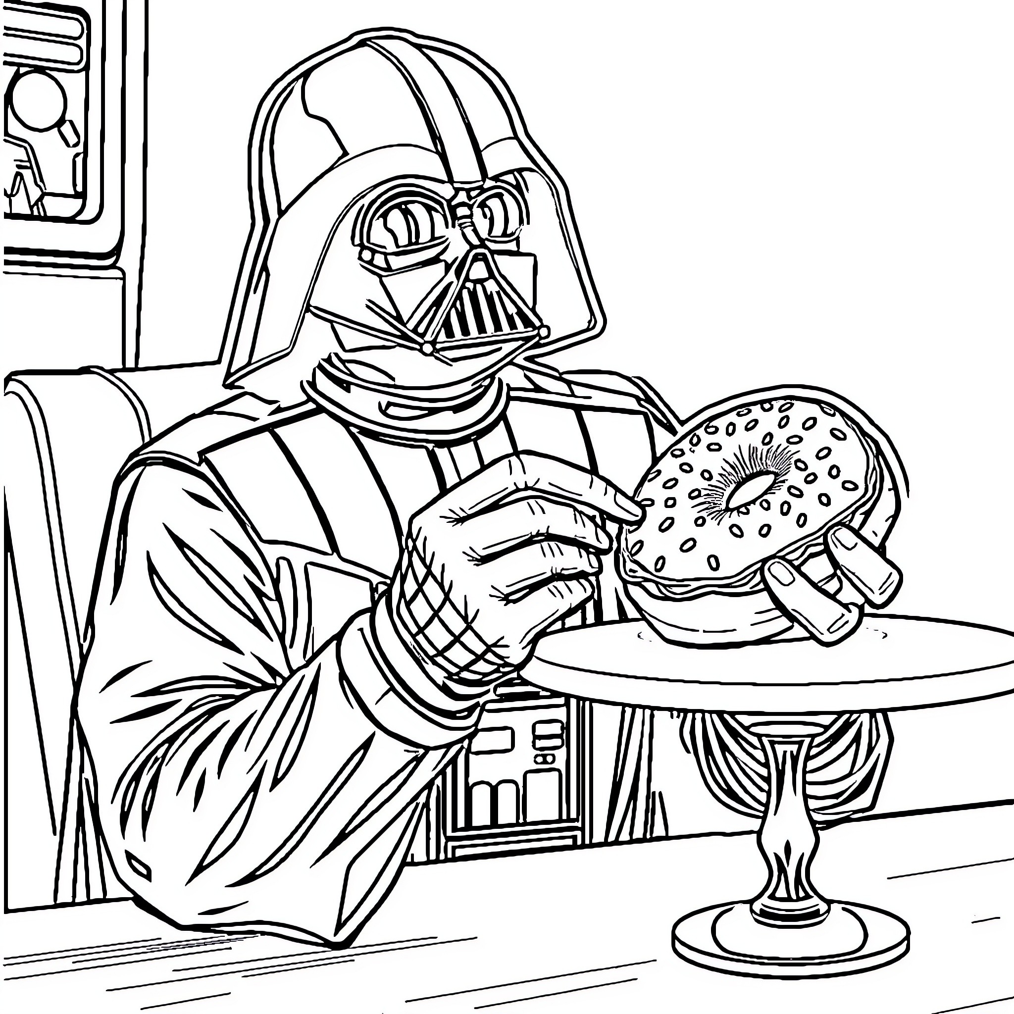 Darth Vader enjoying a tasty treat Coloring Page (free black-and-white line drawing printable PDF for all, from beginners to advanced learners, including children, teens, adults, and seniors)