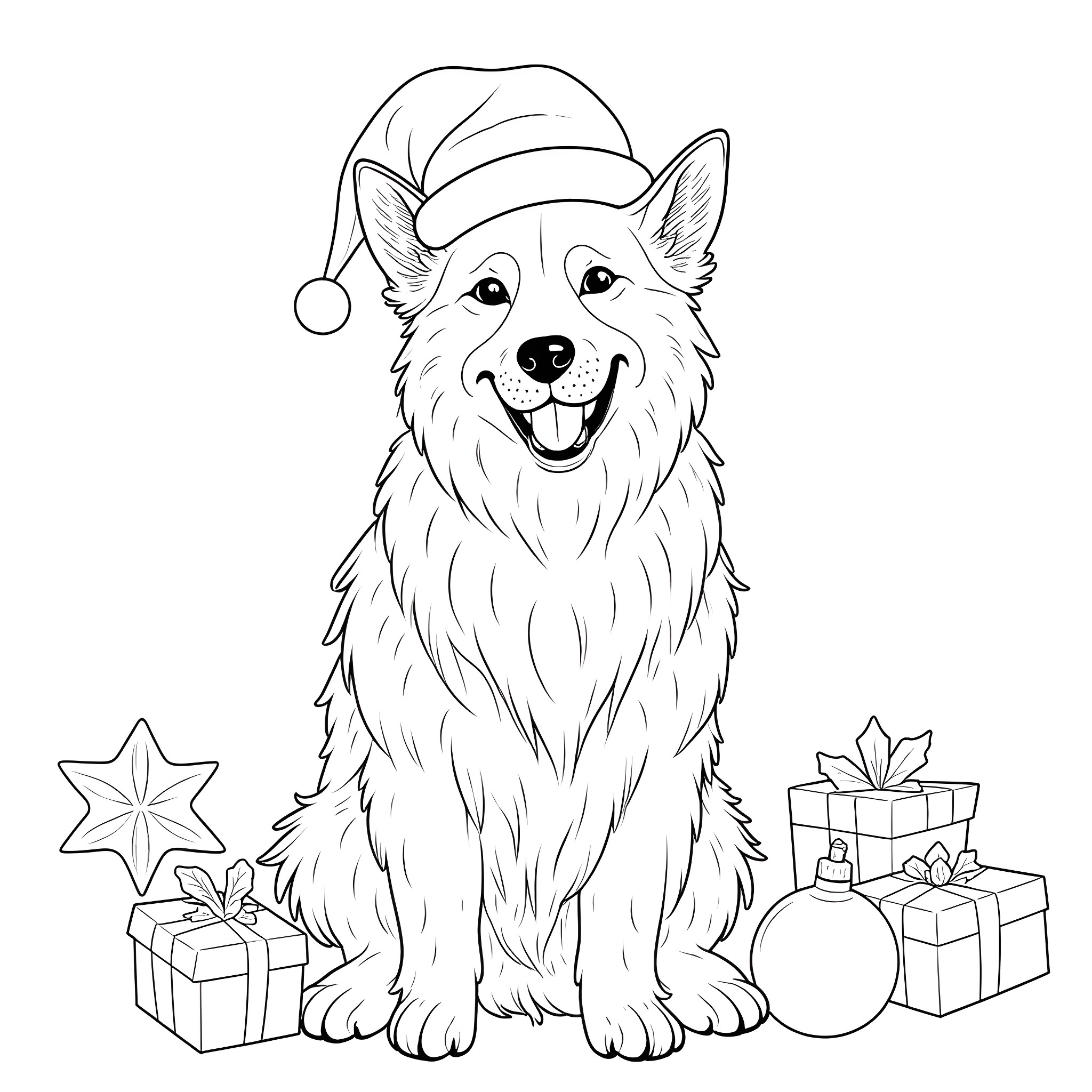 Dog wearing Santa hat with Christmas gifts Coloring Page (free black-and-white line drawing printable PDF for all, from beginners to advanced learners, including children, teens, adults, and seniors)
