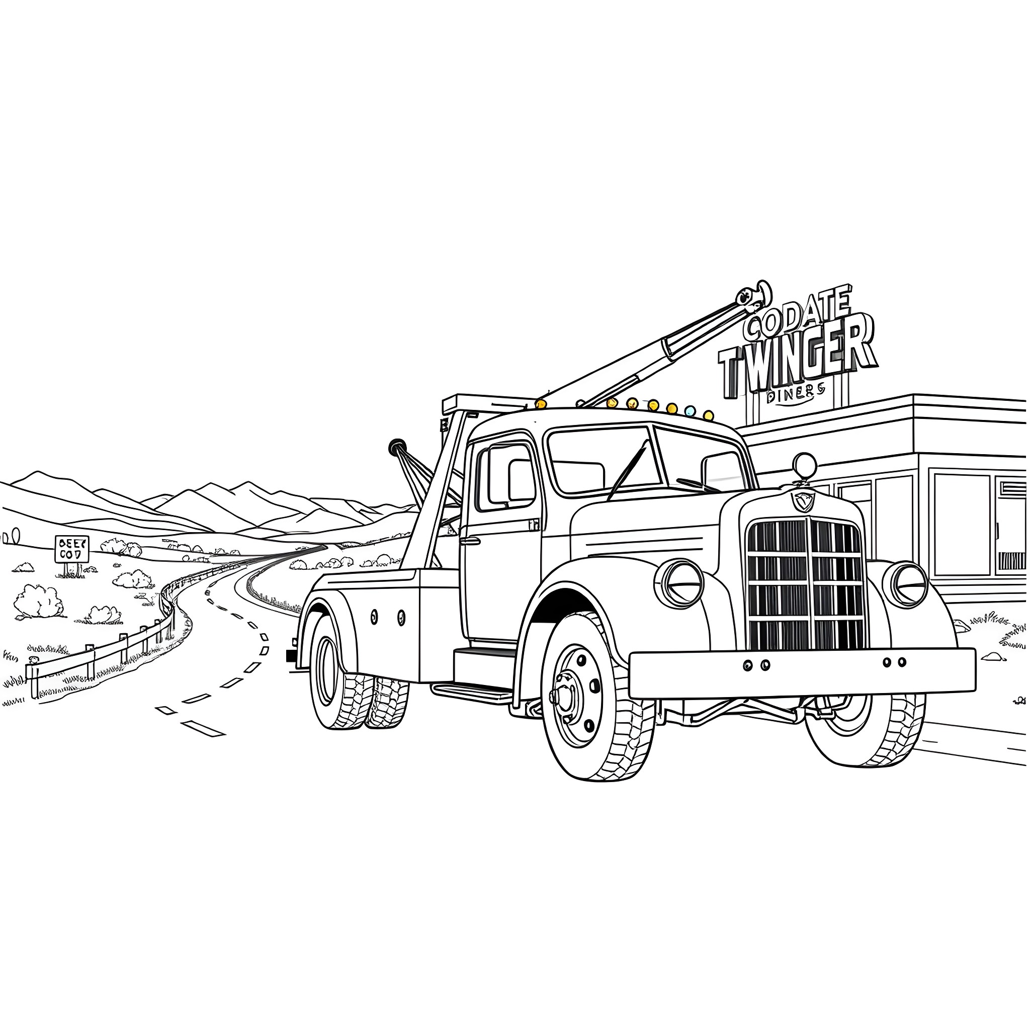 Tow Truck Hauling a Vehicle on a Mountain Road Coloring Page (free black-and-white line drawing printable PDF for all, from beginners to advanced learners, including children, teens, adults, and seniors)