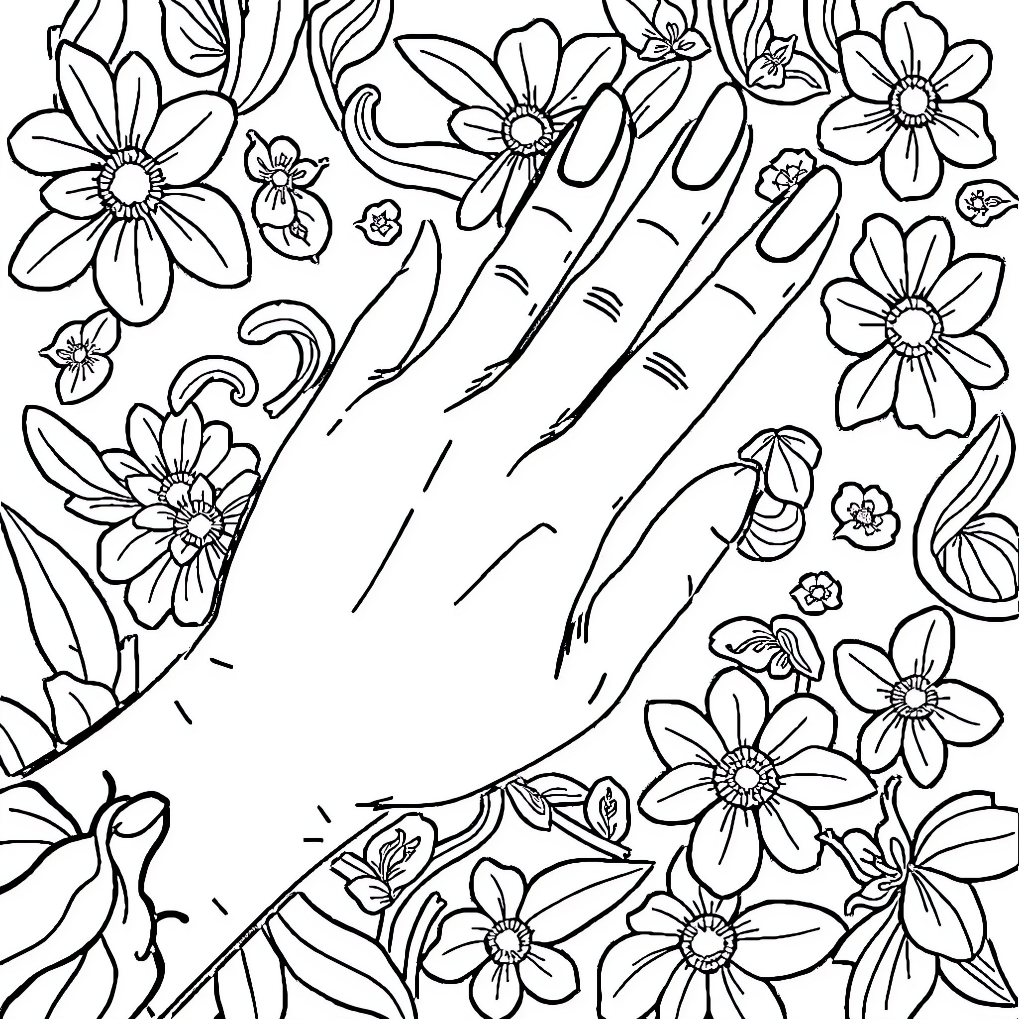 Hand adorned with floral patterns Coloring Page (free black-and-white line drawing printable PDF for all, from beginners to advanced learners, including children, teens, adults, and seniors)