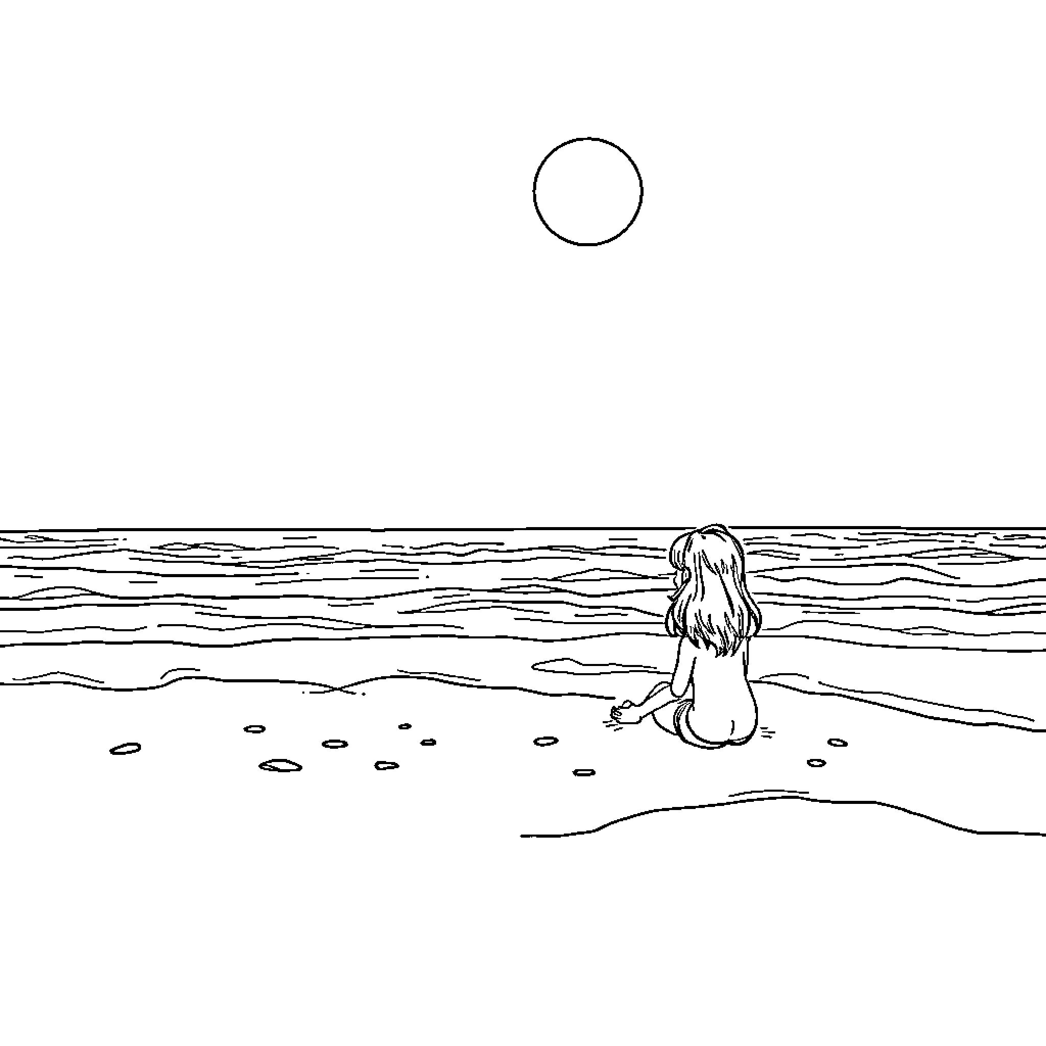 Girl sitting alone on the beach Coloring Page (free black-and-white line drawing printable PDF for all, from beginners to advanced learners, including children, teens, adults, and seniors)