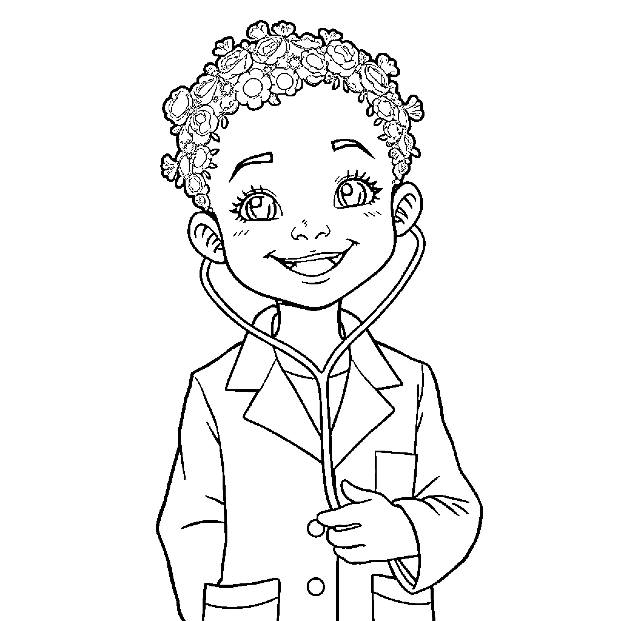 Doctor examining smiling child with floral crown Coloring Page (free black-and-white line drawing printable PDF for all, from beginners to advanced learners, including children, teens, adults, and seniors)