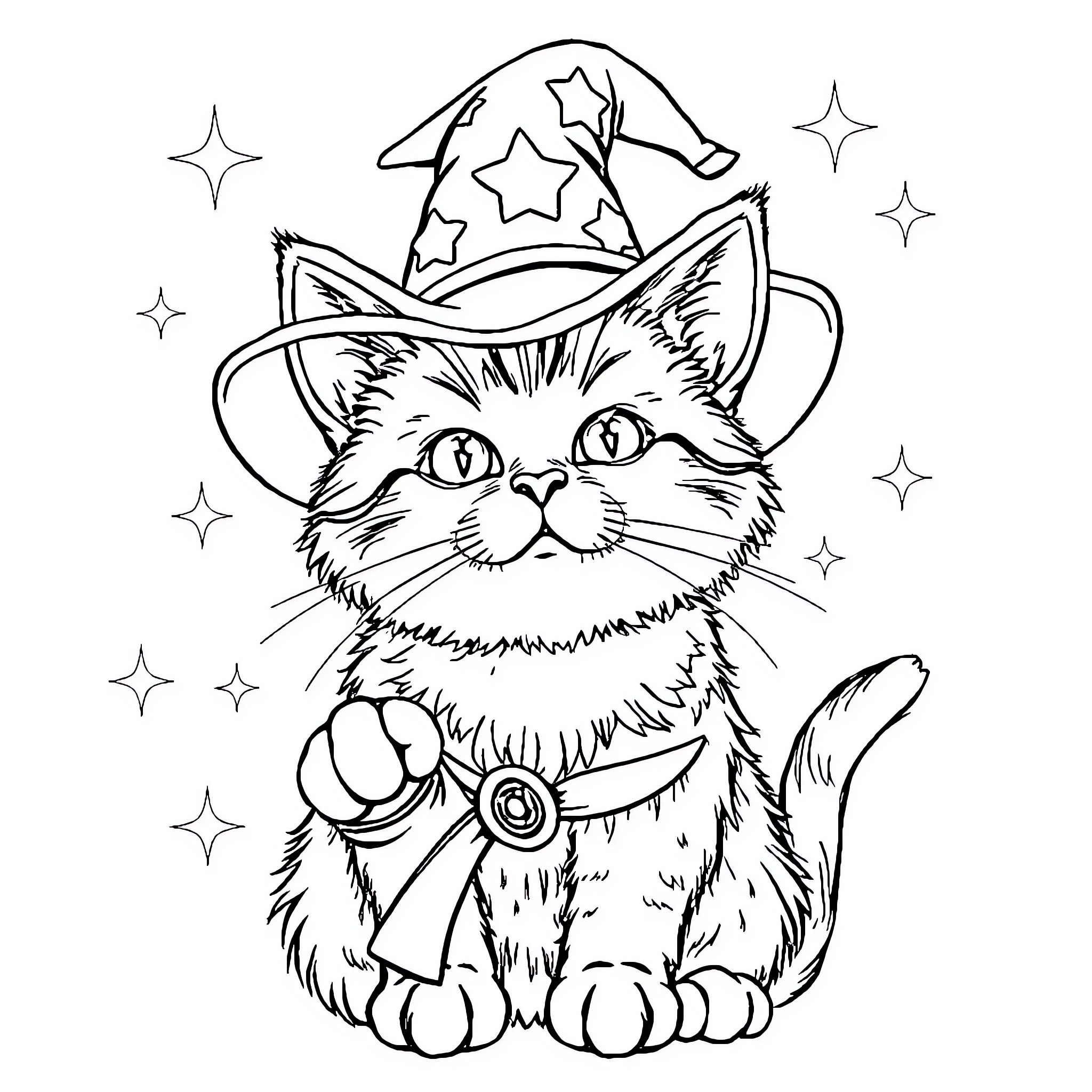 Cat wearing a wizard hat surrounded by stars Coloring Page (free black-and-white line drawing printable PDF for all, from beginners to advanced learners, including children, teens, adults, and seniors)