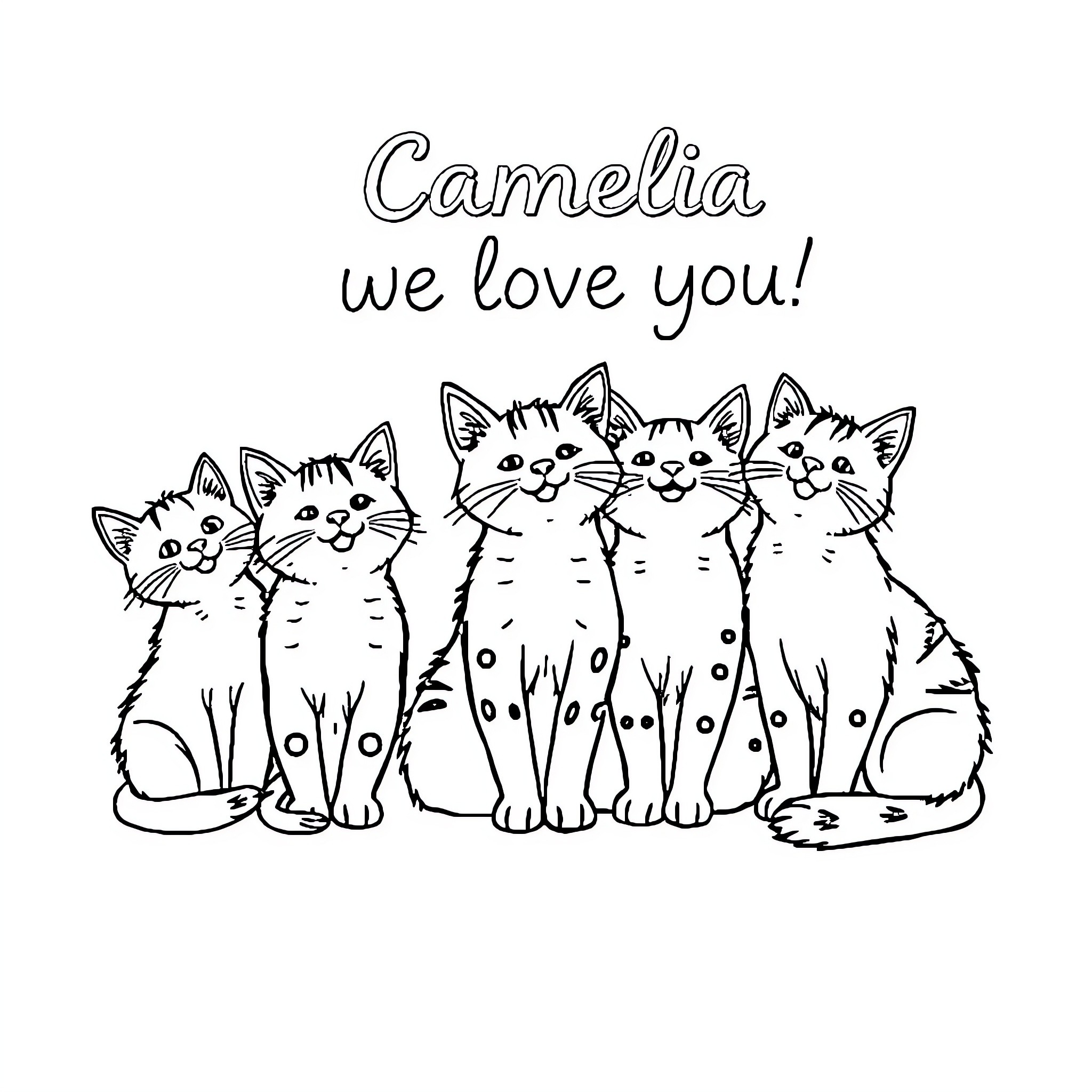 Cats Expressing Love for Camelia Coloring Page (free black-and-white line drawing printable PDF for all, from beginners to advanced learners, including children, teens, adults, and seniors)