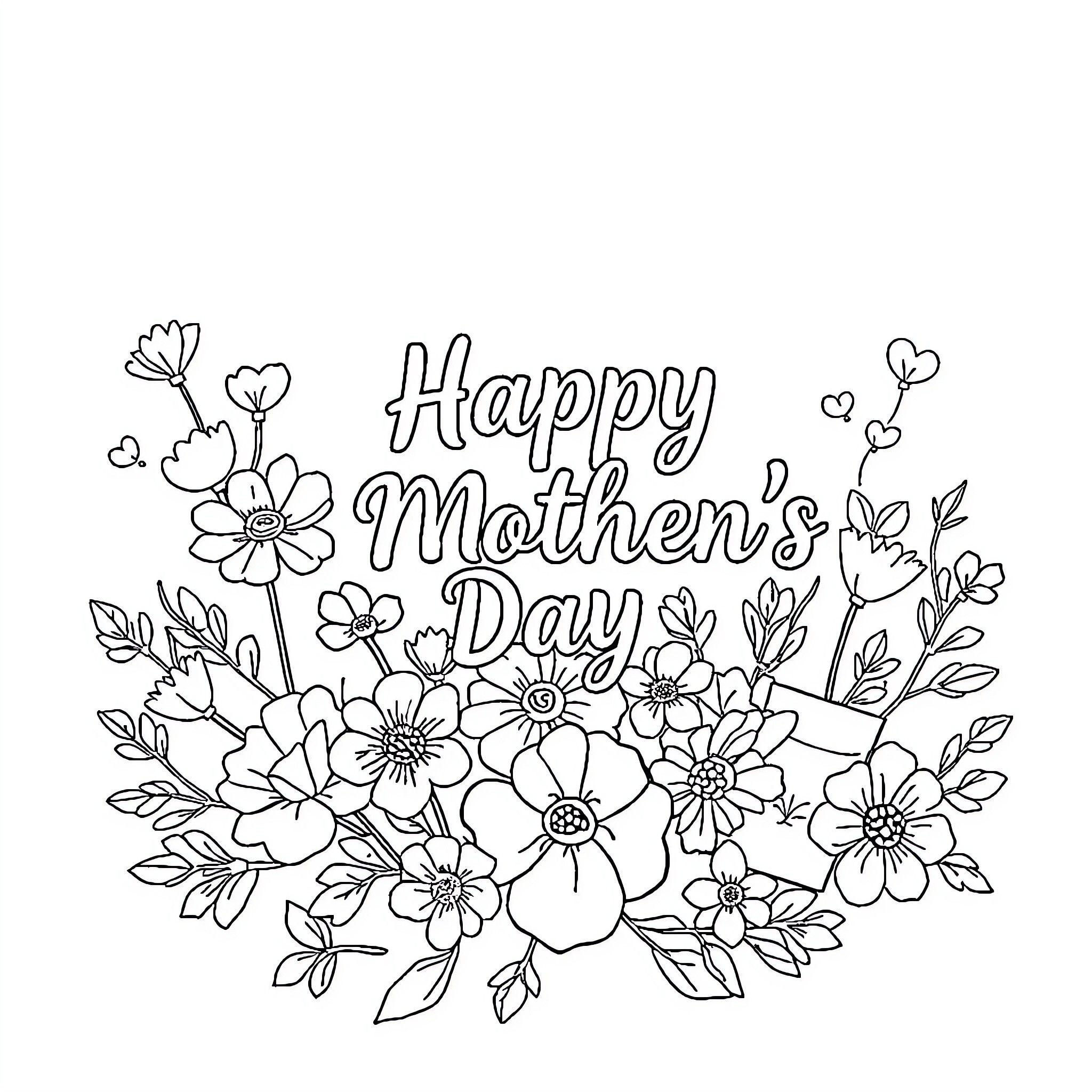 Mother's Day Celebration with Flowers Coloring Page (free black-and-white line drawing printable PDF for all, from beginners to advanced learners, including children, teens, adults, and seniors)
