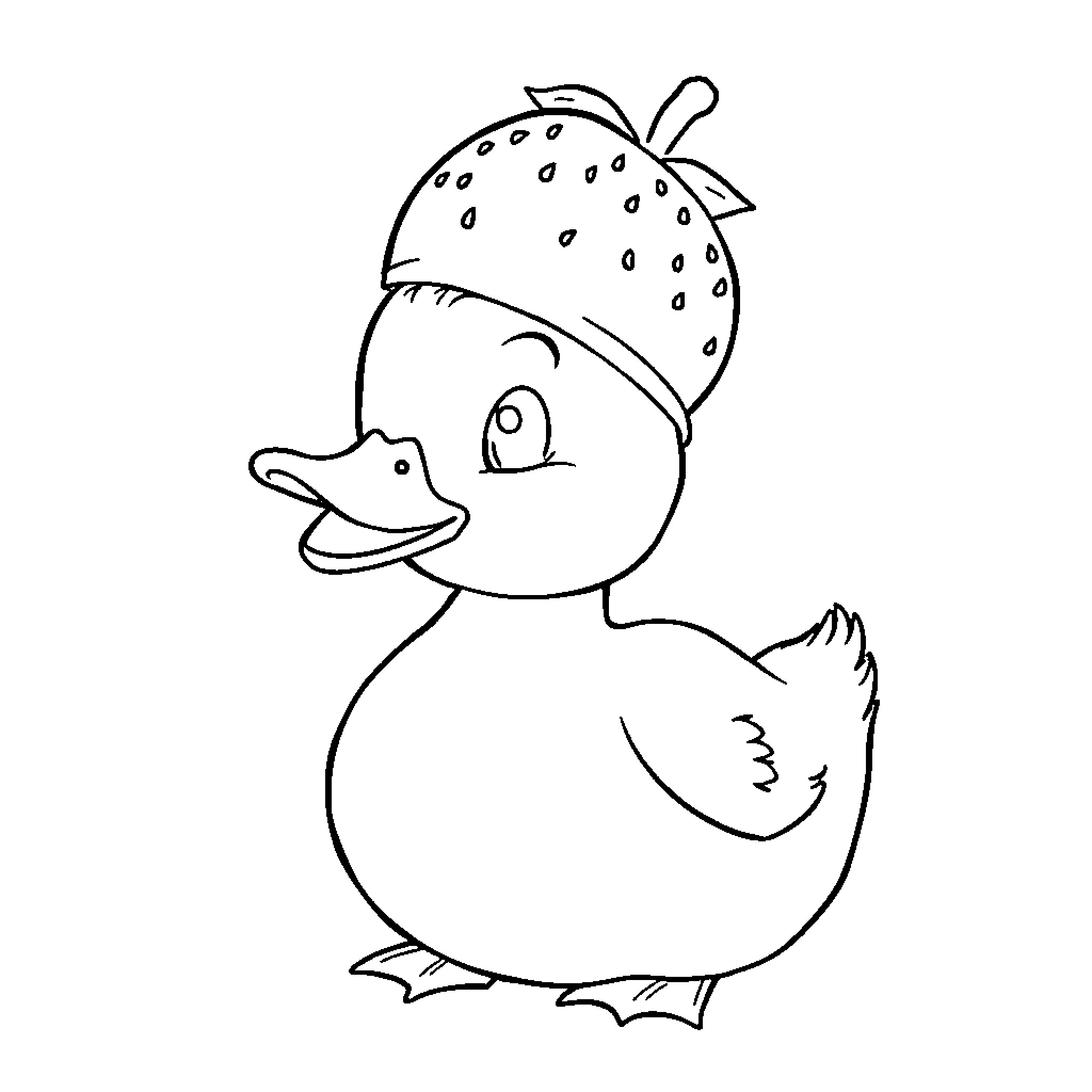 Duck wearing spotted hat Coloring Page (free black-and-white line drawing printable PDF for all, from beginners to advanced learners, including children, teens, adults, and seniors)