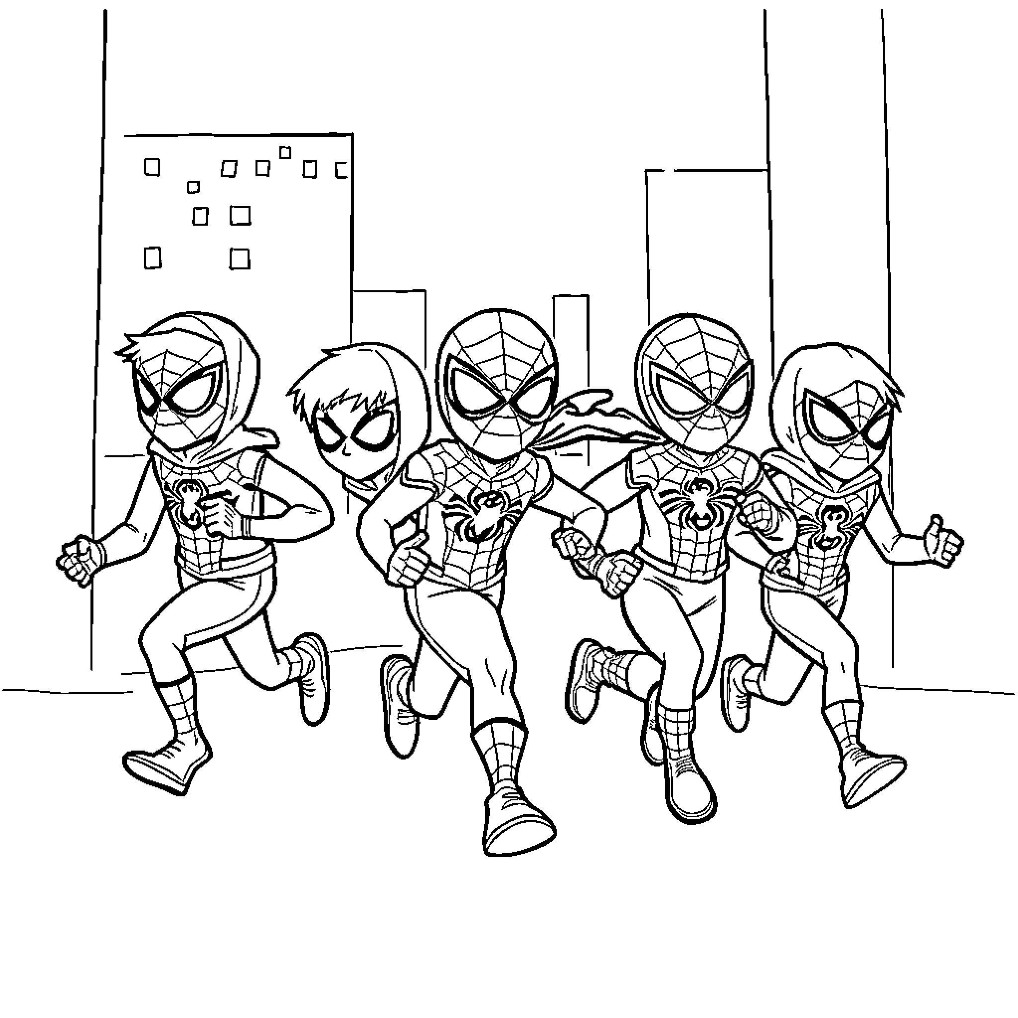 Spider-Man characters running and posing heroically Coloring Page (free black-and-white line drawing printable PDF for all, from beginners to advanced learners, including children, teens, adults, and seniors)