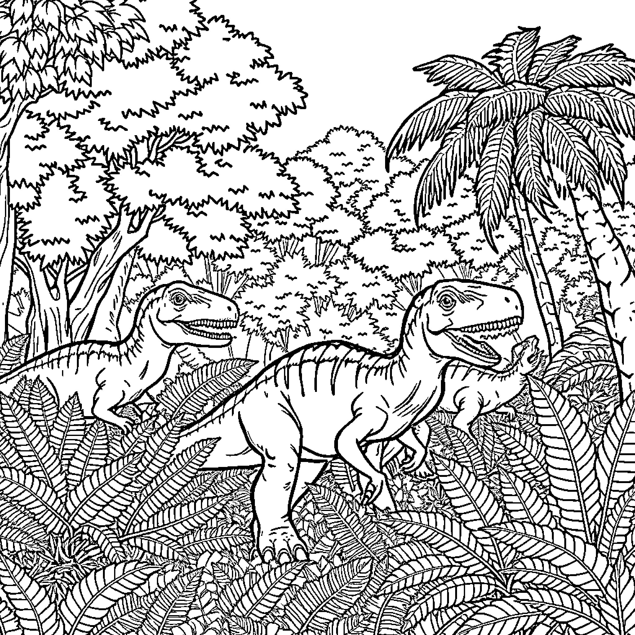 Dinosaurs Roaming in Tropical Jungle Coloring Page (free black-and-white line drawing printable PDF for all, from beginners to advanced learners, including children, teens, adults, and seniors)