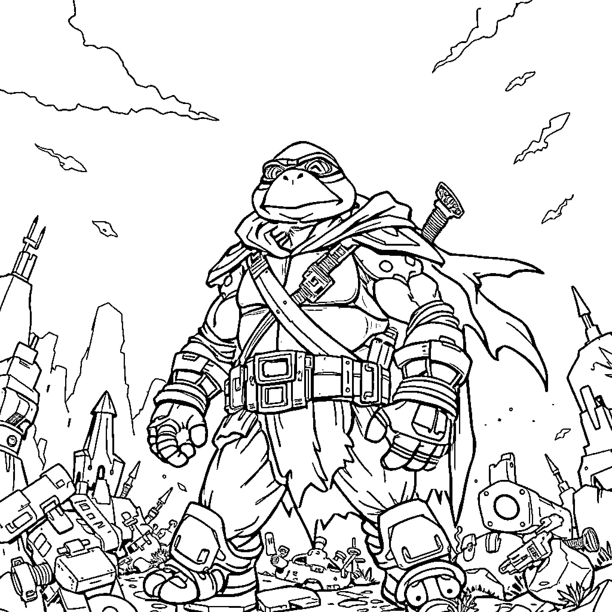 Turtle Warrior in Futuristic Battle Scene Coloring Page (free black-and-white line drawing printable PDF for all, from beginners to advanced learners, including children, teens, adults, and seniors)