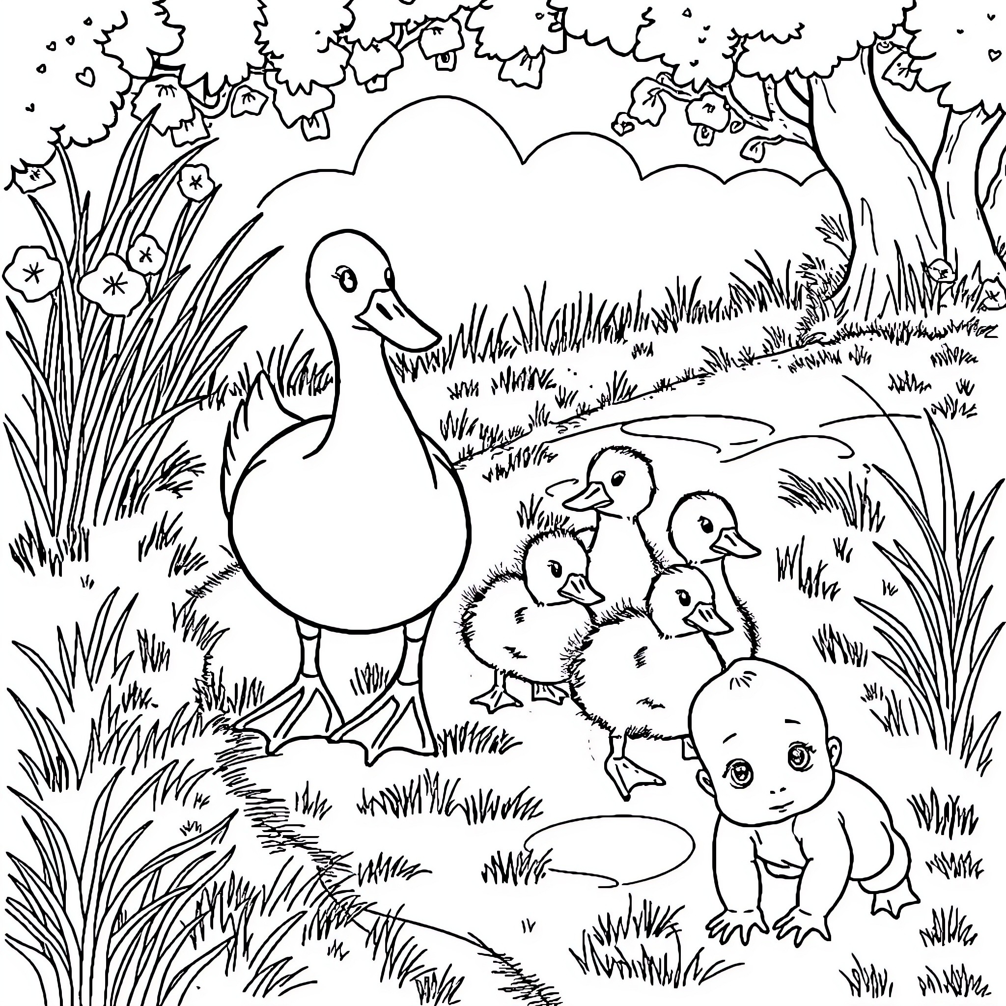 Duck and ducklings playing in the countryside Coloring Page (free black-and-white line drawing printable PDF for all, from beginners to advanced learners, including children, teens, adults, and seniors)